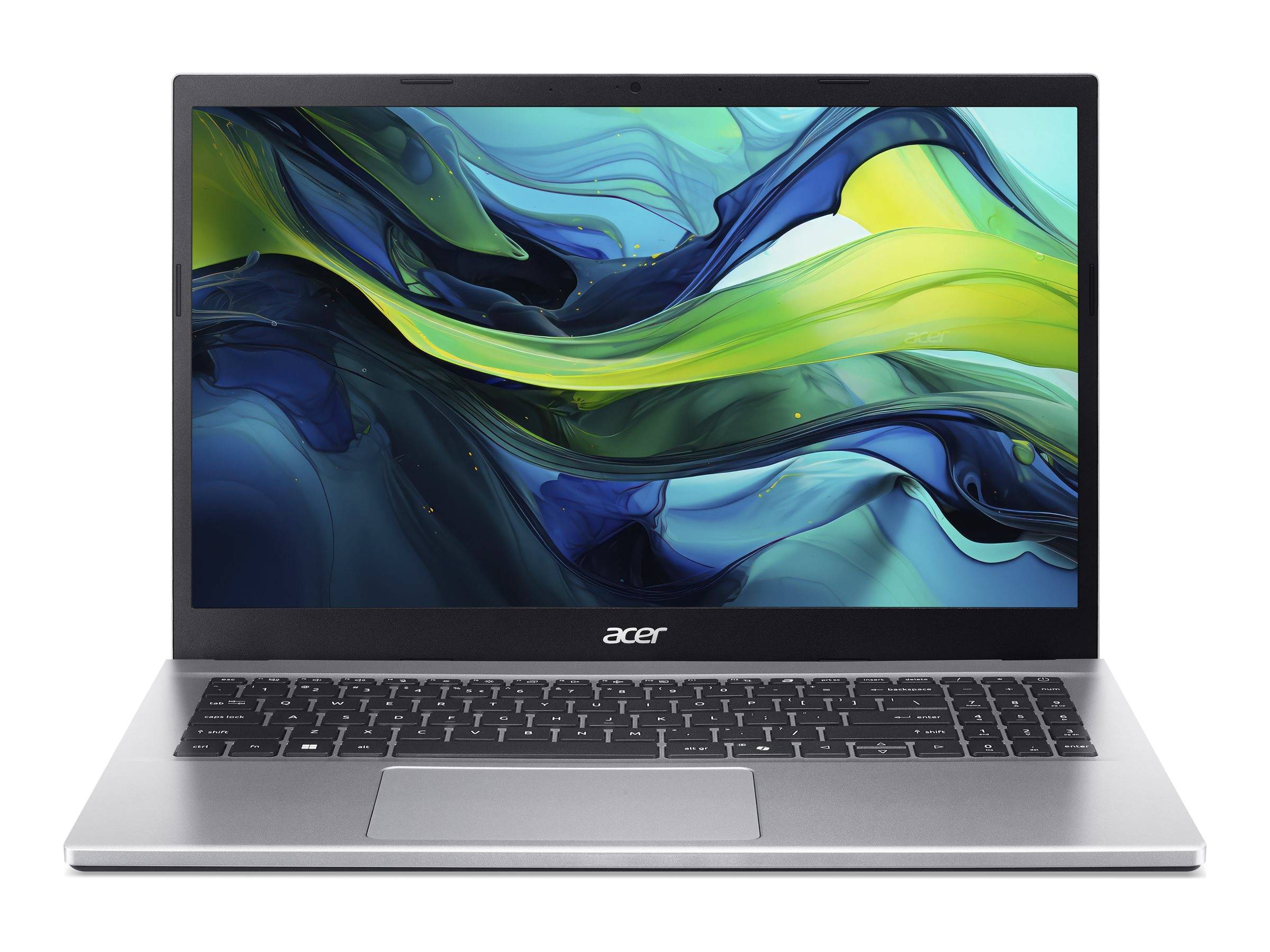 Ein silberner Acer-Laptop, der auf einem schlichten weißen Hintergrund geöffnet ist und ein farbenfrohes abstraktes Hintergrundbild in Blau, Grün und Gelb auf dem Bildschirm zeigt.
