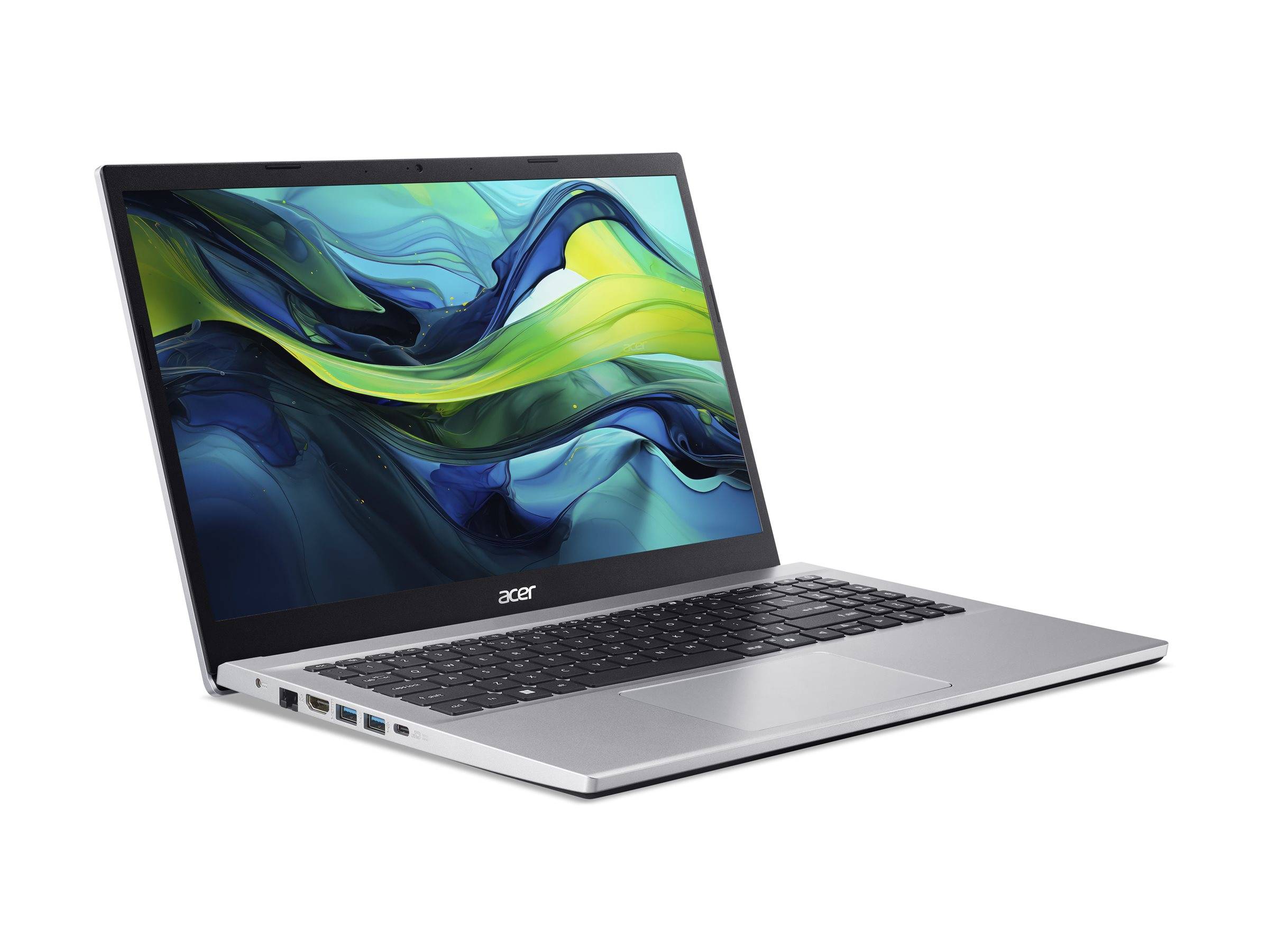 Acer-Laptop, offen auf weißem Hintergrund dargestellt, zeigt ein buntes abstraktes Wallpaper auf seinem Bildschirm.
