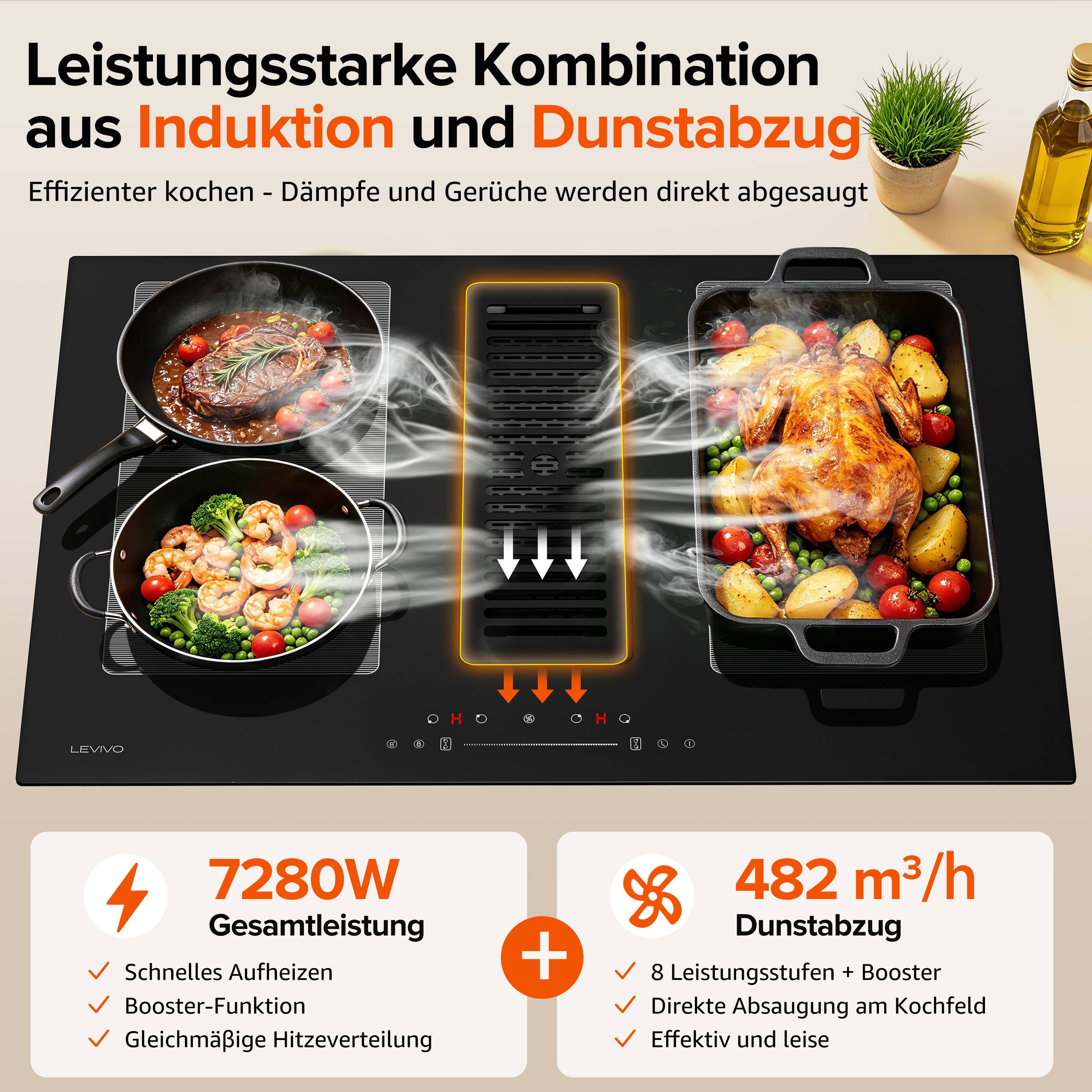 LEVIVO Einbau Induktionskochfeld 77cm mit 482m³/h Dunstabzug 4 Platten