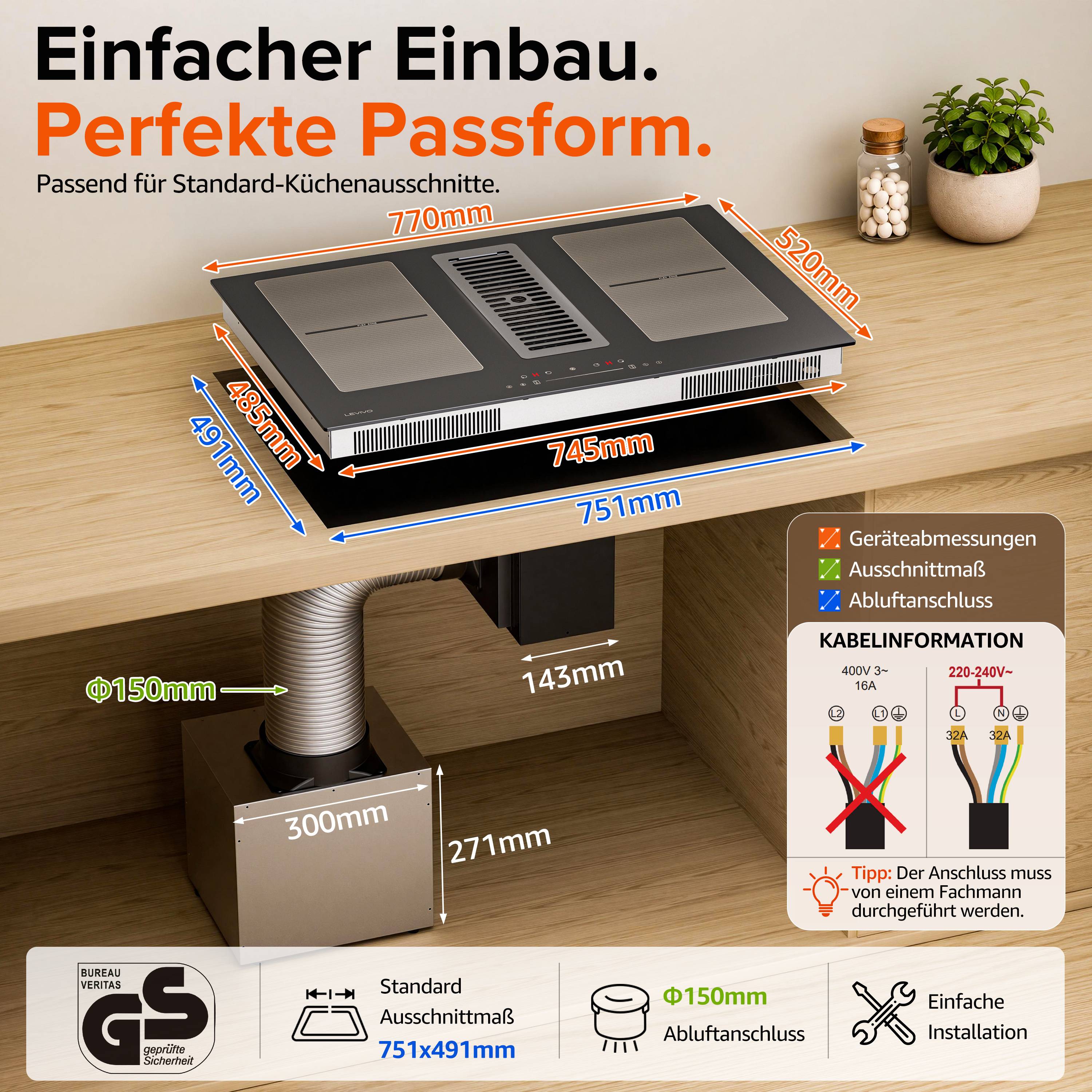 LEVIVO Einbau Induktionskochfeld 77cm mit 482m³/h Dunstabzug 4 Platten