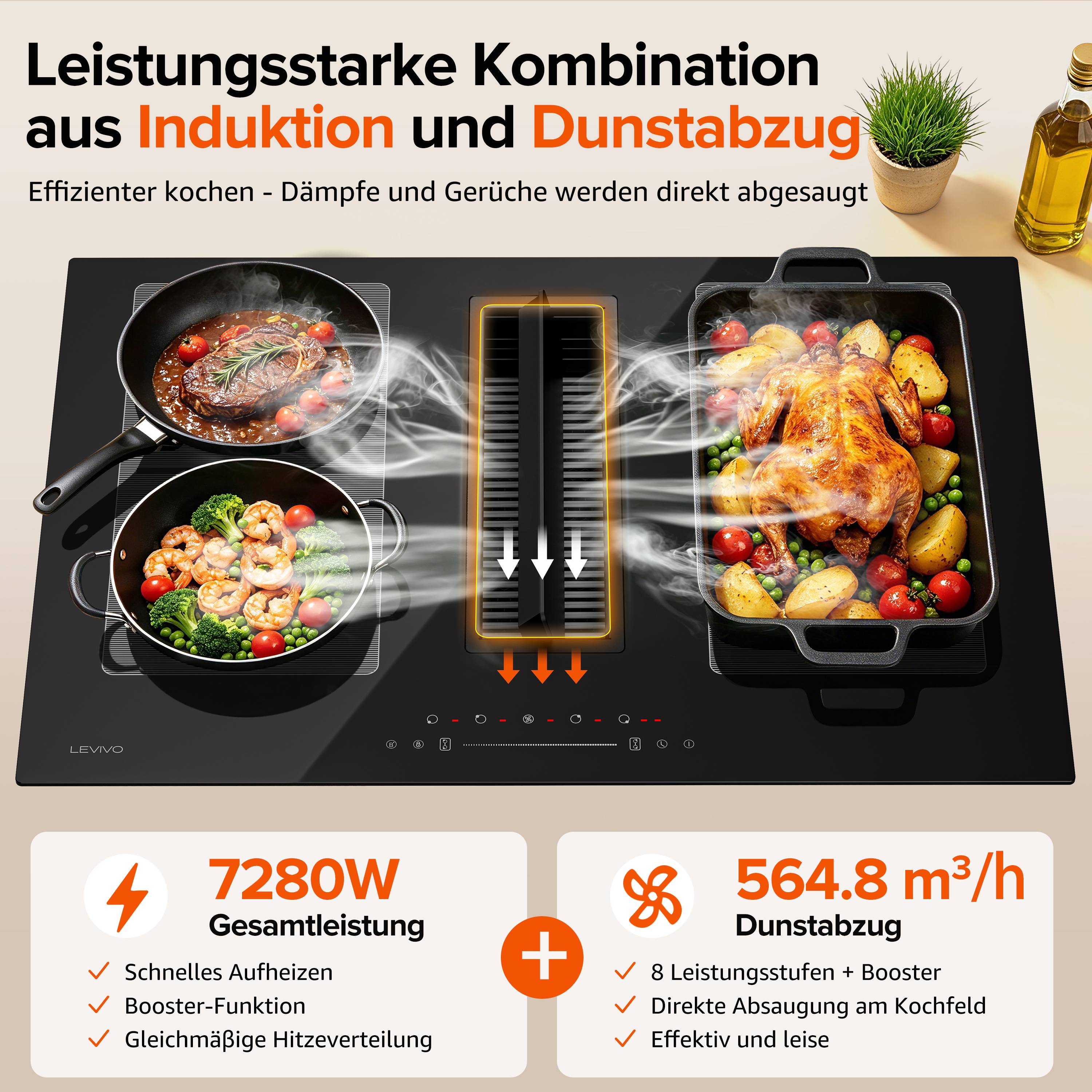 LEVIVO Einbau Induktionskochfeld 77cm mit 564m³/h Dunstabzug 4 Platten