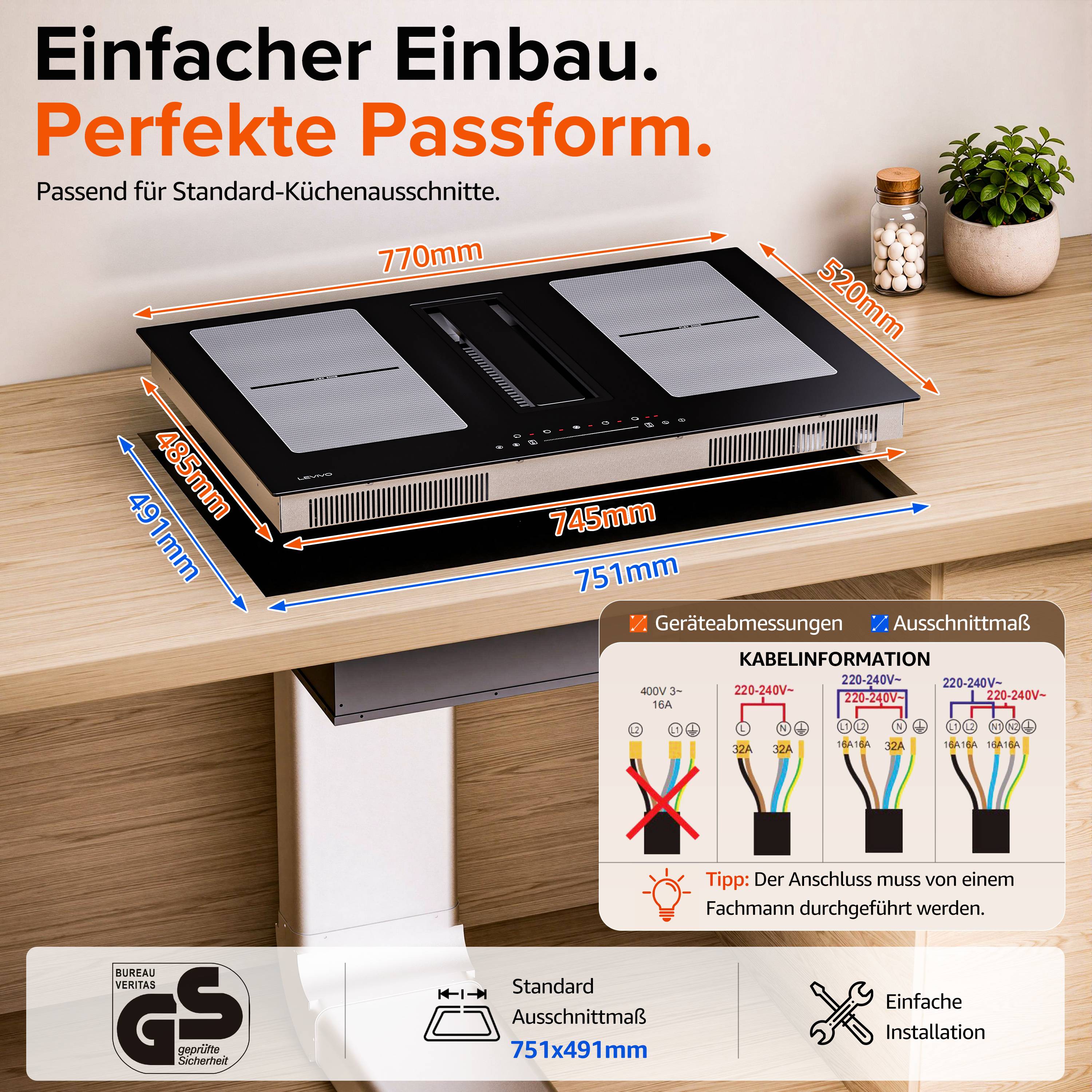 LEVIVO Einbau Induktionskochfeld 77cm mit 564m³/h Dunstabzug 4 Platten