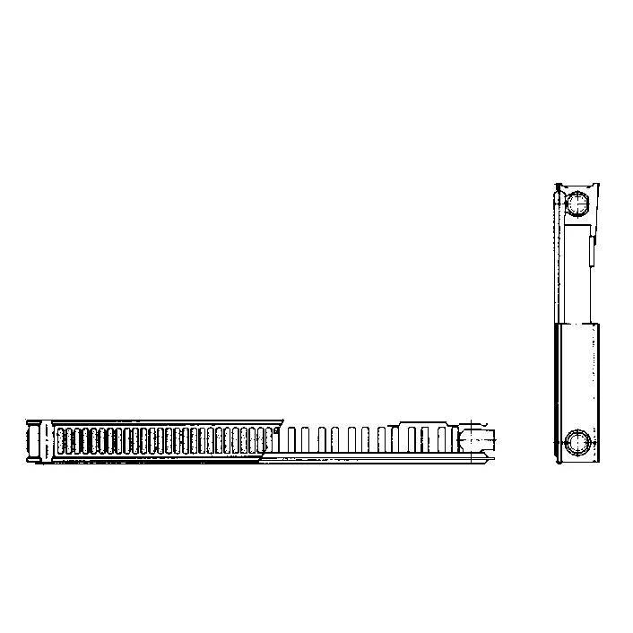 Technische Strichzeichnung eines mechanischen Teils in Seiten- und Enansicht, das einem langen perforierten Balken oder einer Halterung mit zwei kreisförmigen Befestigungslöchern ähnelt.