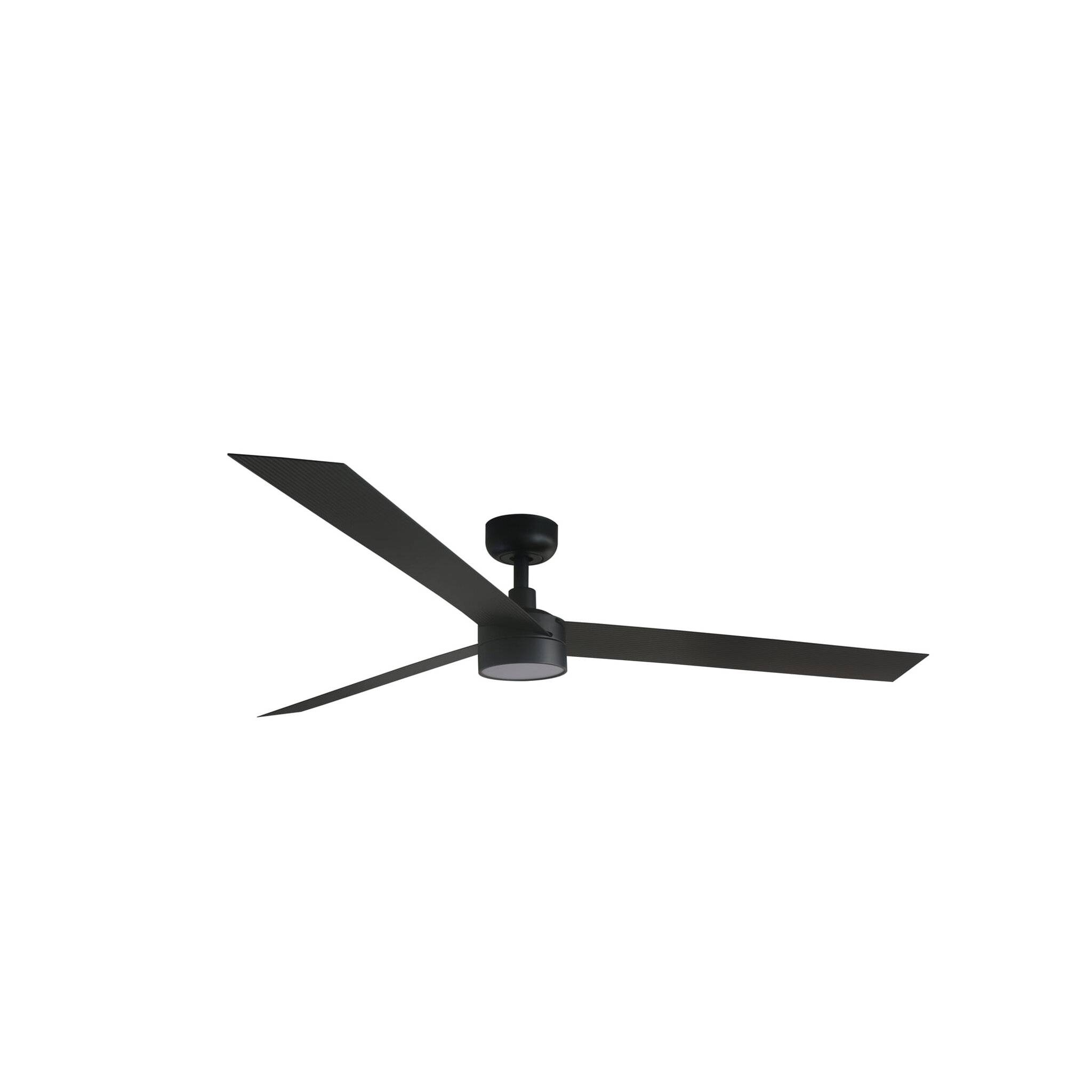 Schwarzer Deckenventilator mit drei Flügeln und schlankem modernem Design auf weißem Hintergrund.
