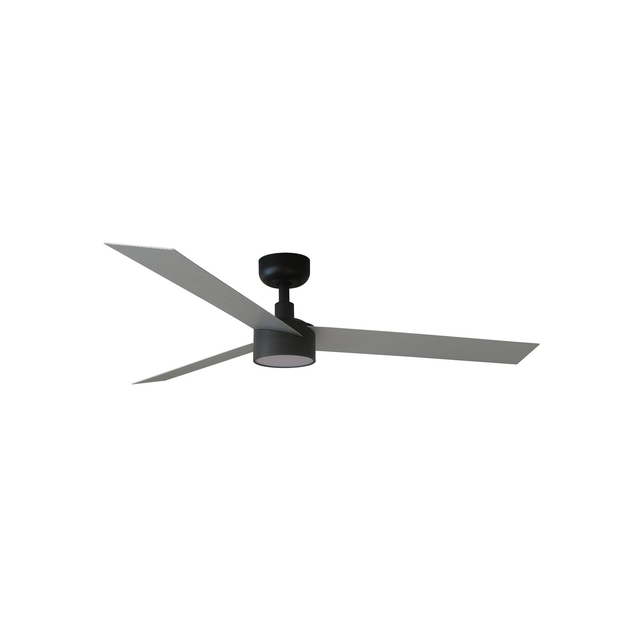 Moderner schwarzer Deckenventilator mit zwei langen silbernen Blättern auf weißem Hintergrund, von unten betrachtet.