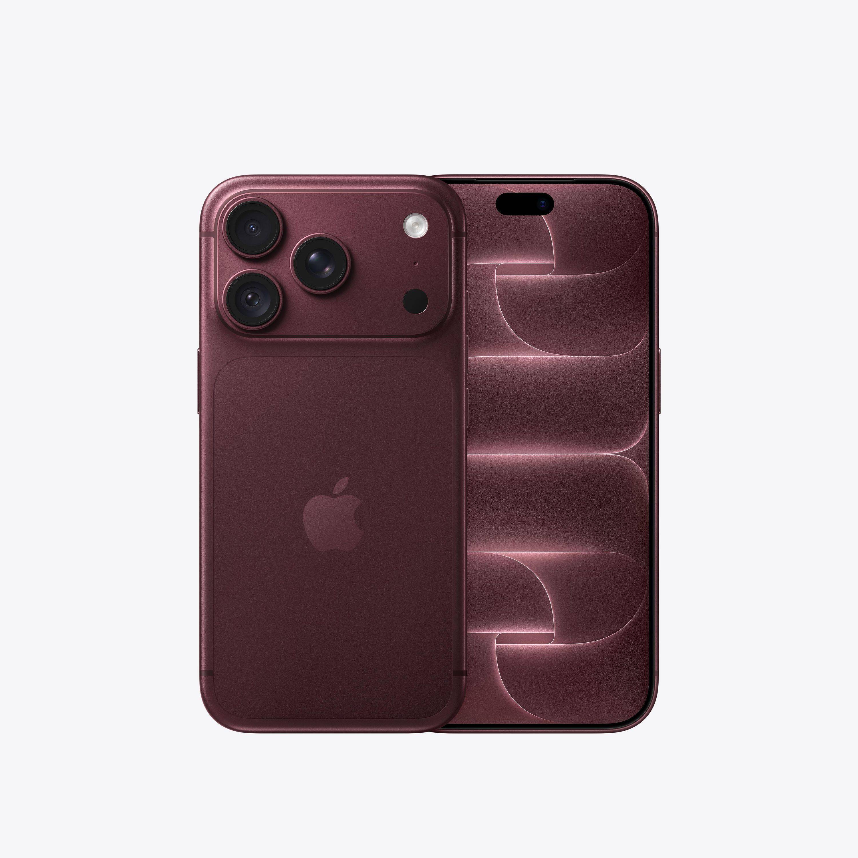 Bordeauxrotes iPhone, von vorne und hinten dargestellt, mit dreifacher Rückseiten-Kamera und leuchtendem abstraktem Hintergrundbild auf dem Display.