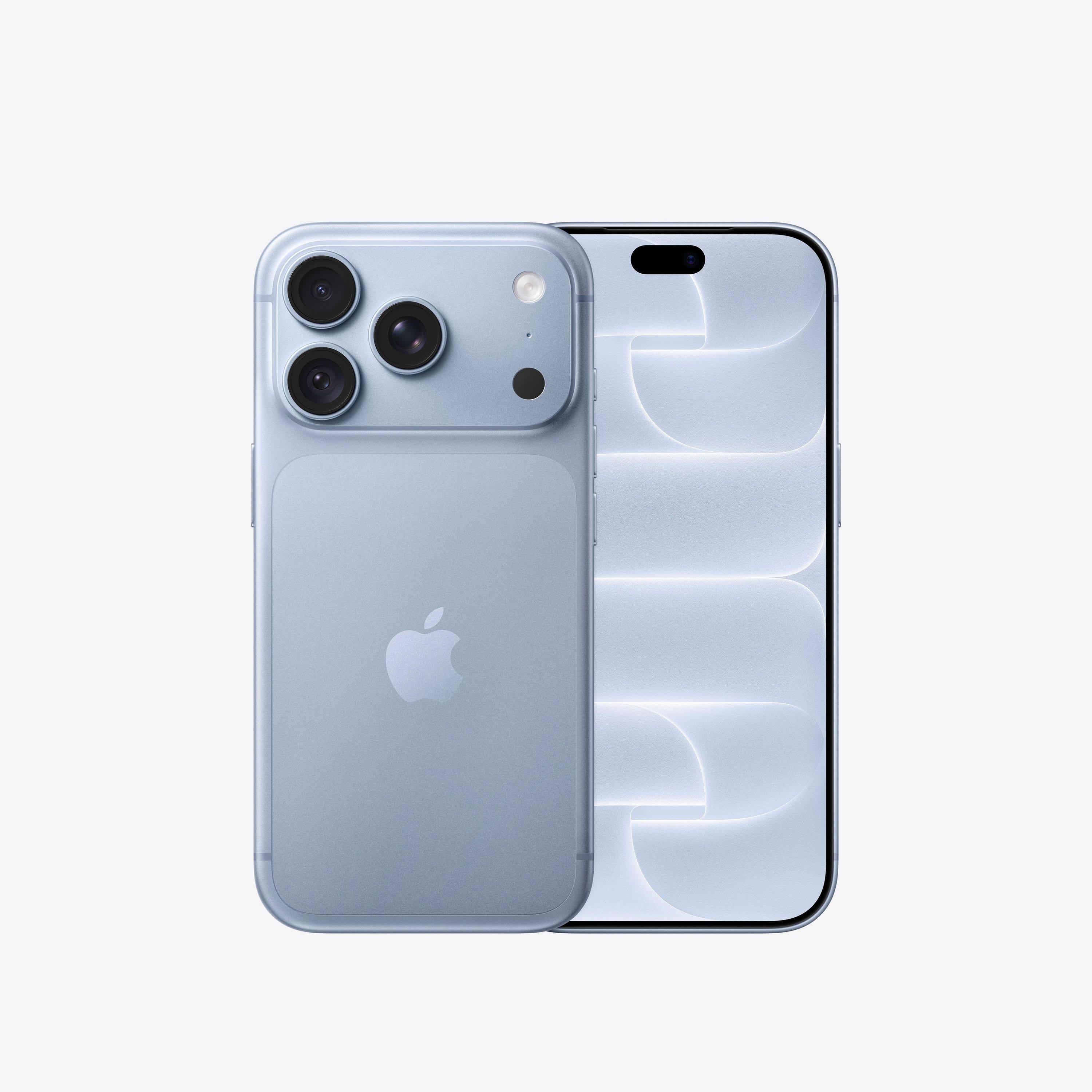 Zwei hellblaue iPhones von vorne und hinten abgebildet, die die dreifache Rückenkamera und die Dynamic Island-Frontanzeige hervorheben.