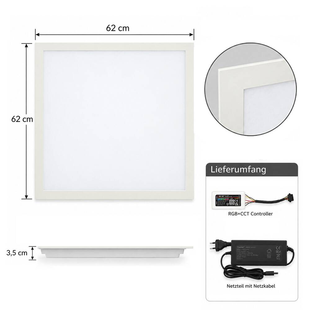 LED Universum Backlit LED Panel Einlegeleuchte 62x62cm RGB+CCT 40W 3000-6000K 4800lm UGR≤22 CRI>80 mit Milight Controller ohne FFB