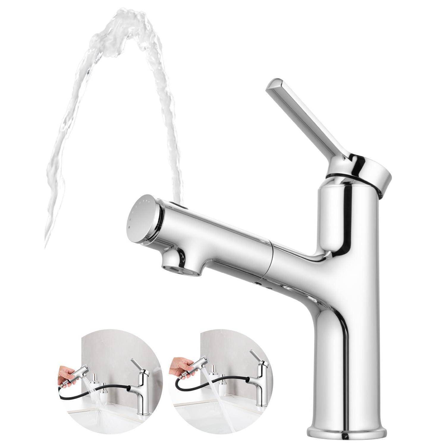 Chromeküchenarmatur mit Hebelbedienung und Wasserstrom in Bogenform; zwei eingefügte Kreise zeigen die Armaturenverbindung mit Schlauchanbindung.