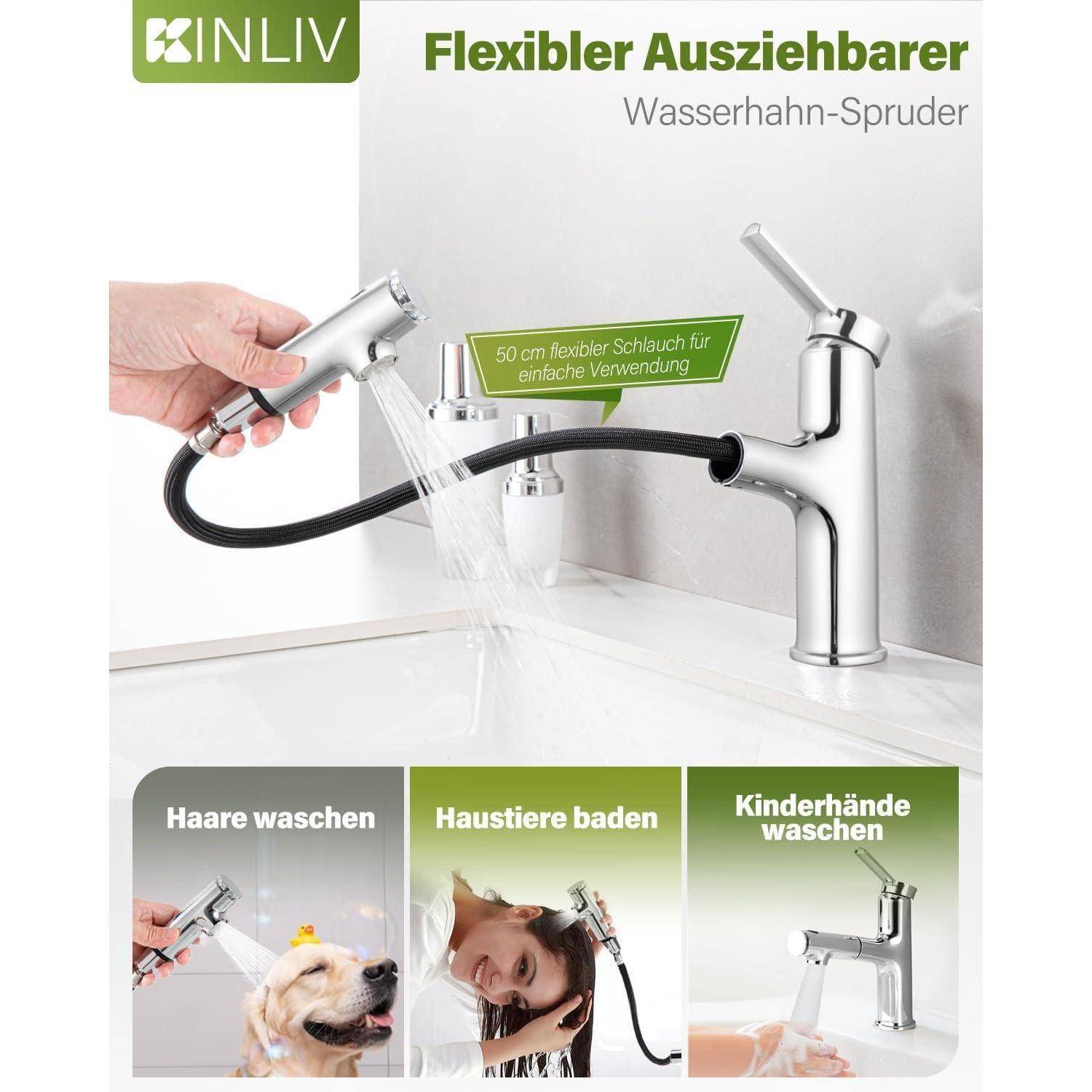 KNLIV flexibler Auszieh-Küchenarmatur mit Sprayer, 50 cm Schlauch, gezeigt beim Spülen eines Spülbeckens sowie illustrierte Verwendungen zum Haarewaschen, Waschen von Haustieren und Reinigen von Kinderhänden.