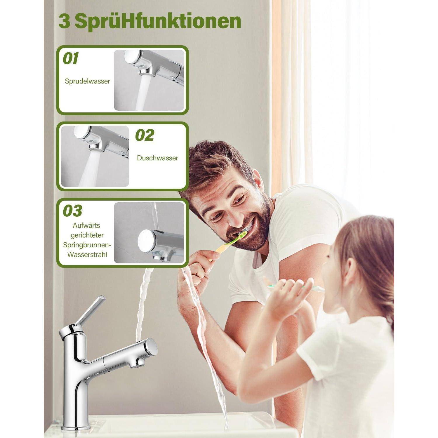 Badezimmeranzeige mit einem Wasserhahn mit 3 Sprühfunktionen: Sprühwasser, Duschwasser und einen fokussierten Strahl, während ein Mann und ein Kind sich die Zähne putzen.