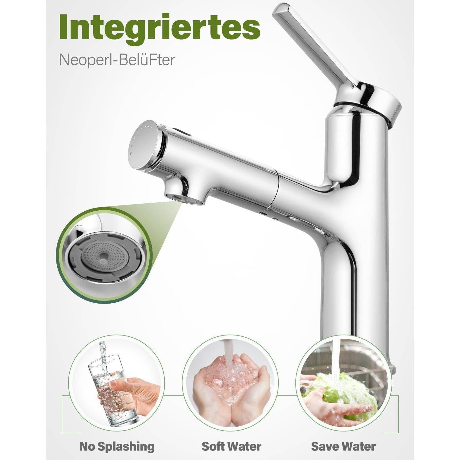 Chromeküchenarmatur mit integriertem Neoperl-Belüfter-Perlator; Beschriftungen zeigen kein Spritzen, weiches Wasser und Wassereinsparung.