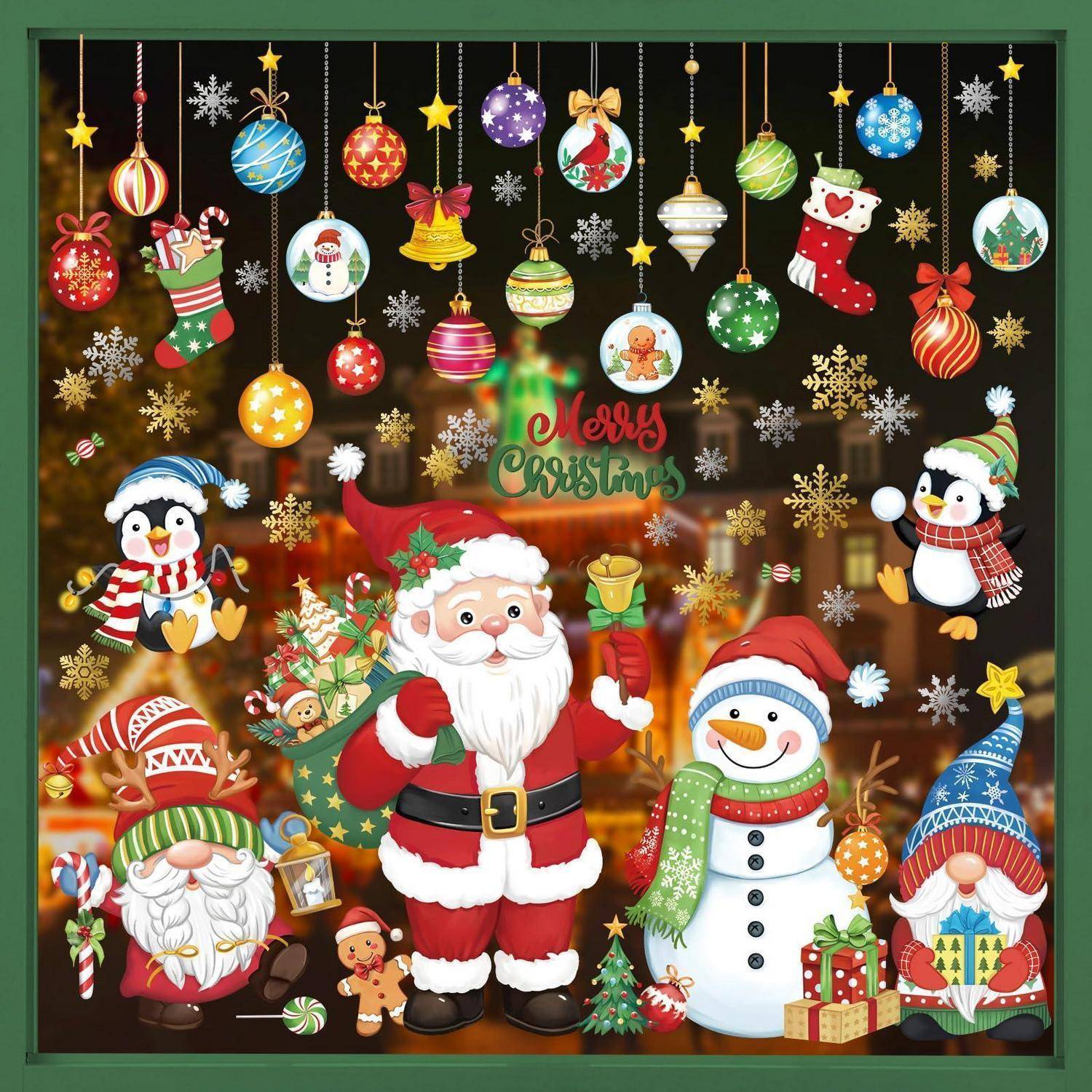 Der Weihnachtsmann steht mit zwei Schneemännern und einem Gnom zwischen hängenden Verzierungen und „Frohe Weihnachten"-Text in einer festlichen Weihnachtsszene.