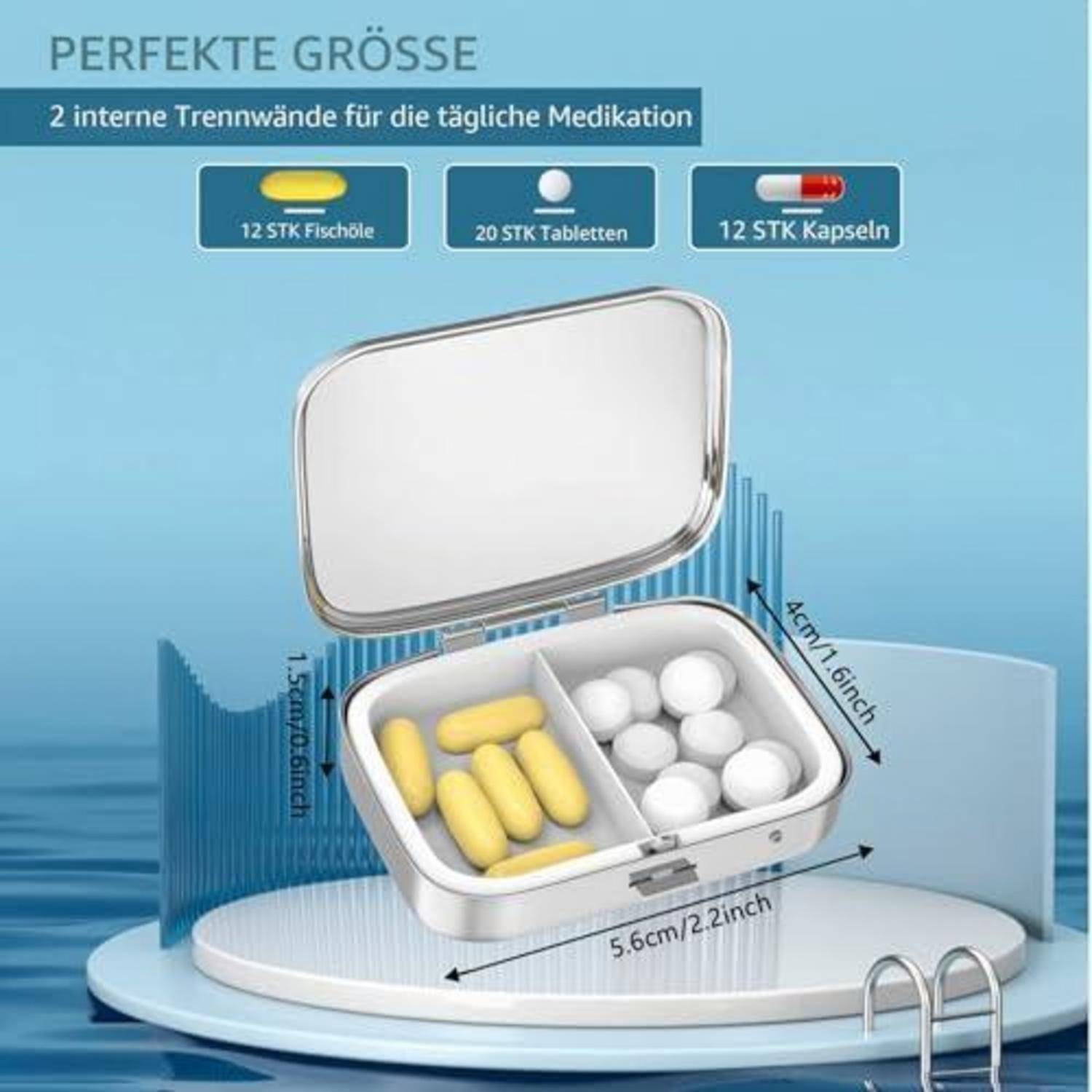 Medikamententablett mit zwei internen Trennwänden, zeigt Fassungsvermögen für 12 Fischölkapseln, 20 Tabletten oder 12 Kapseln; Abmessungen gekennzeichnet.
