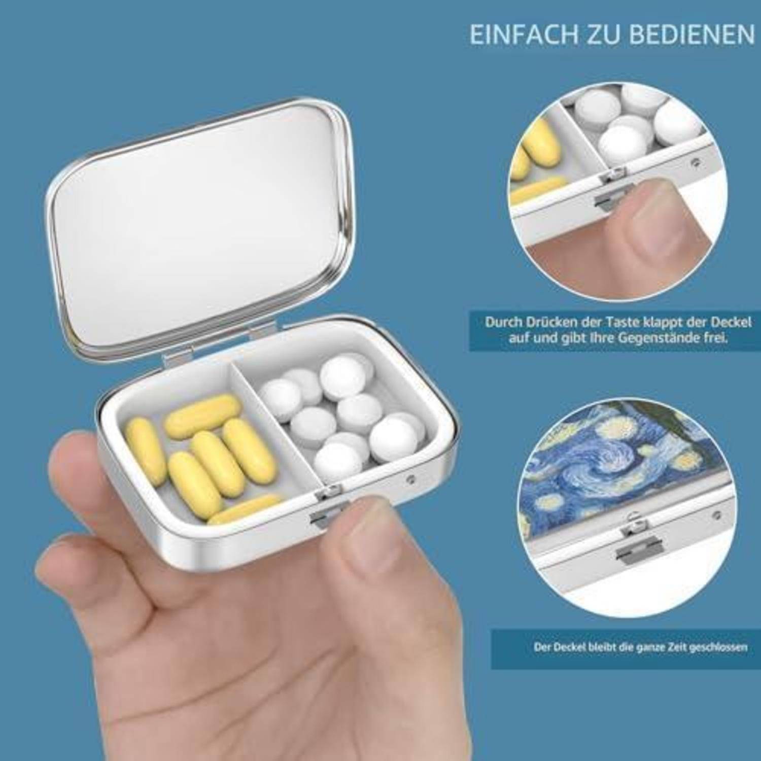 Hand hält ein kleines silbernes Pillenetui mit gelben und weißen Kapseln; eingefügte Nahaufnahmen zeigen den Knopf zum Öffnen des Deckels, beschriftet mit „EINFACH ZU BEDIENEN" und deutschem Gebrauchstext.