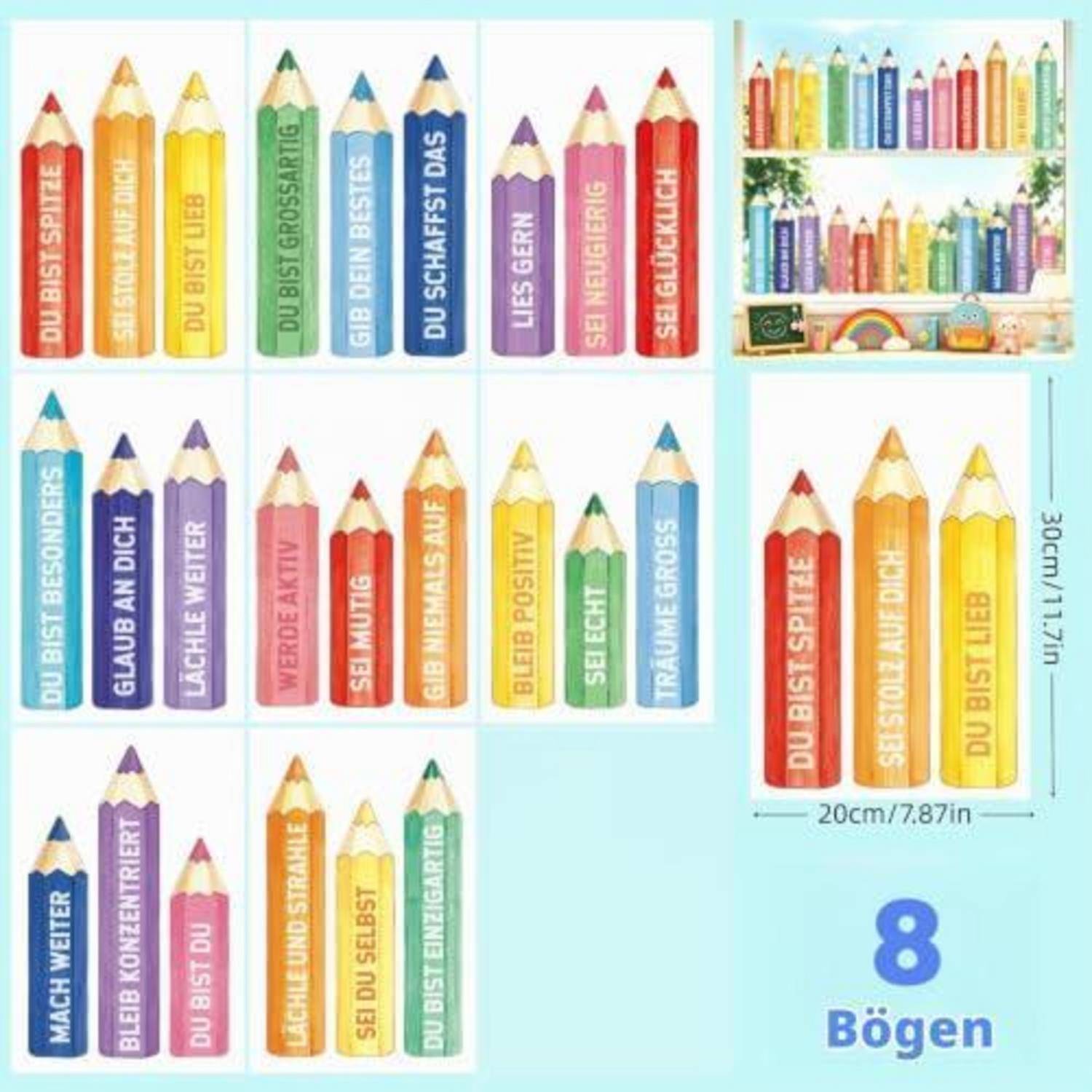 Collage aus farbenfrohen stiftförmigen Etiketten mit deutschen Botschaften wie „Du bist spitze" und eine Größenangabe „8 Bögen"" mit 20 cm und 30 cm Abmessungen.