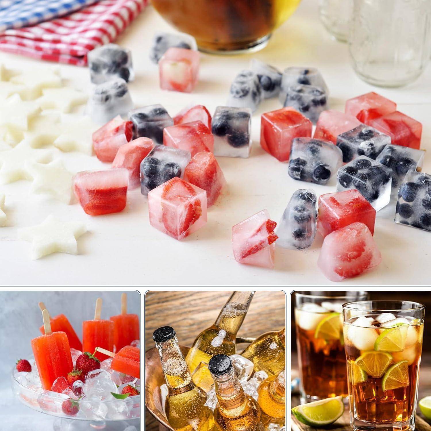 Collage aus stern- und würfelförmigen gefrorenen Fruchteiswürfeln und farbenfrohen Getränken, serviert mit Eis und Limette, was Sommererfischungen andeutet.