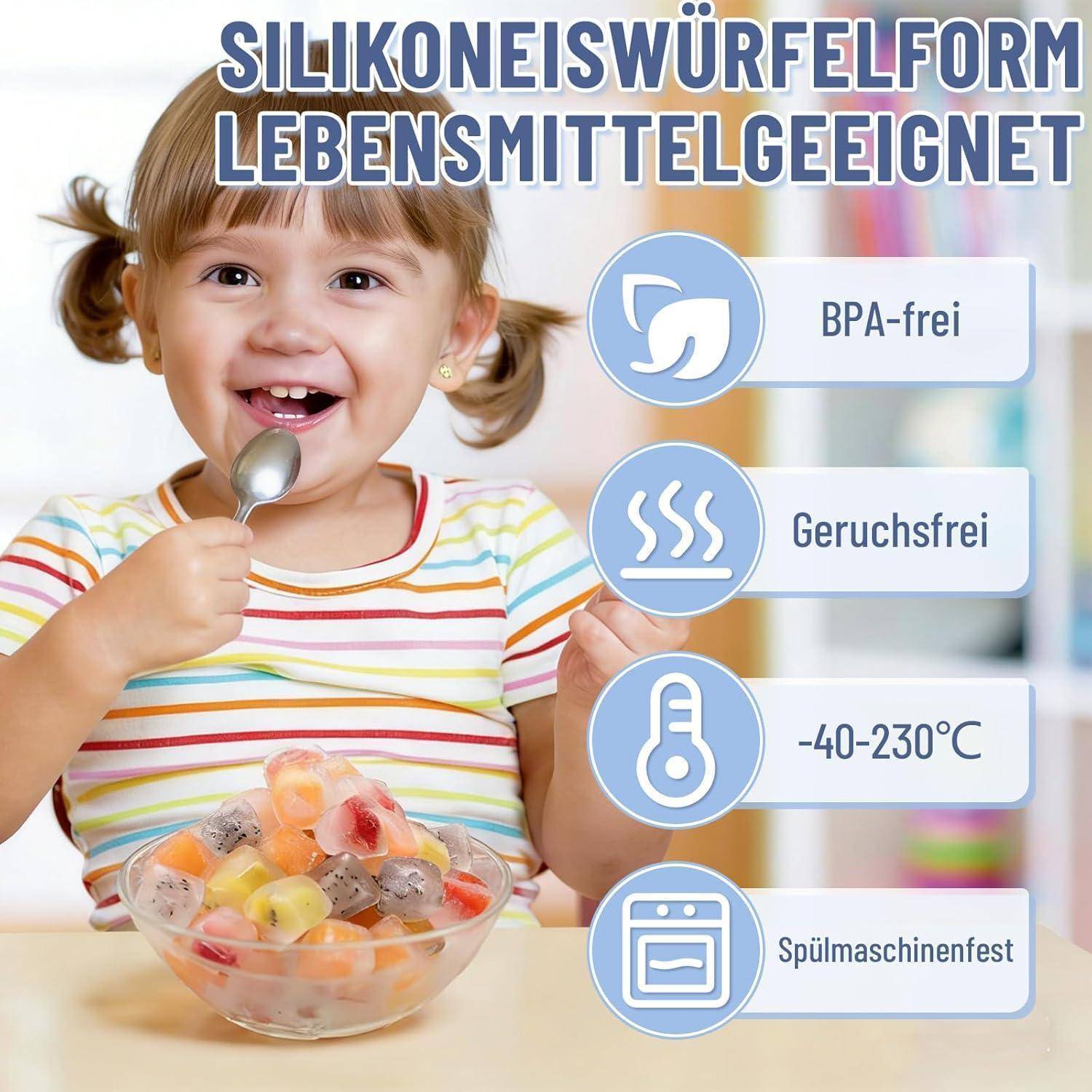 Werbebild eines lachenden Kindes, das aus einer Schüssel mit bunten silikon-würfelförmigen Snacks isst, mit deutschem Text, der BPA-frei, geruchsneutral, -40 bis 230°C und spülmaschinenfest hervorhebt.