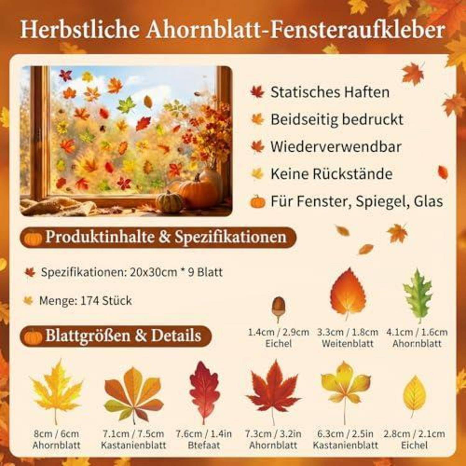 Produktanzeige für Herbstblatt-Fensteraufkleber, zeigt statische wiederverwendbare Aufkleber für Fenster, Spiegel und Glas; enthält Größe 20x30 cm, 9 Blätter, 174 Teile und Blattformabmessungen.