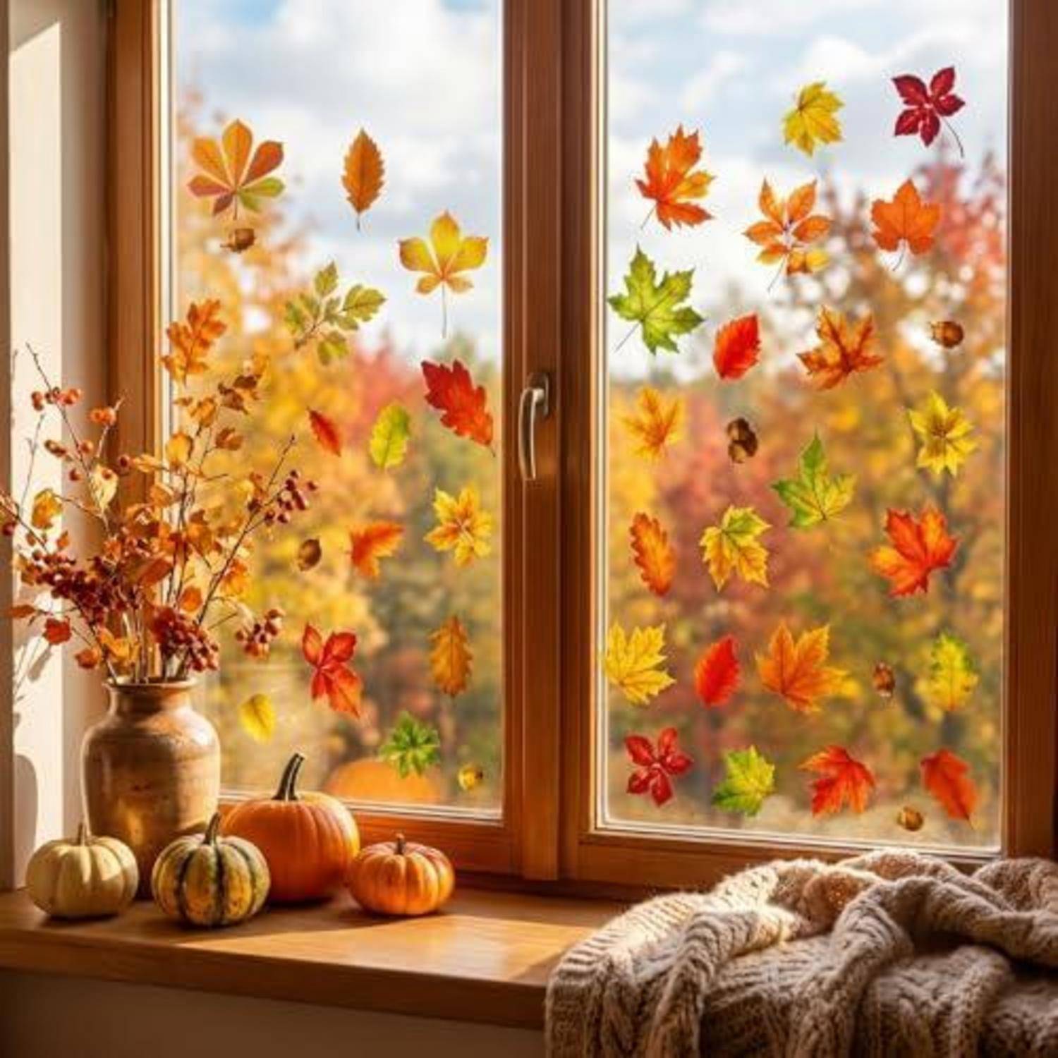 Herbstliches Fensterszene mit farbenfrohen Blattdekorationen, Kürbissen auf der Fensterbank, einer Vase mit getrockneten Zweigen und einer gemütlichen Strickdecke im Inneren.