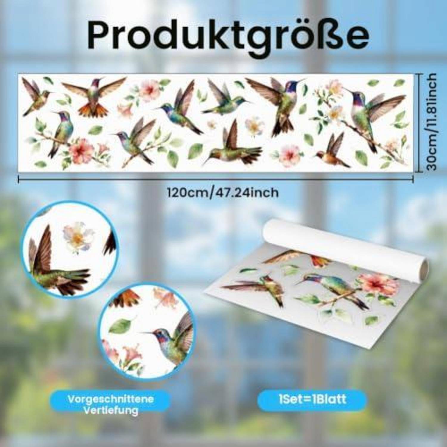 Produktgrößen-Grafik für ein florales Kolibri-Wandtattoo: 120 cm x 30 cm Blatt, ein Set entspricht einem Blatt, mit vorgestanzten Ausschnitten wie dargestellt.