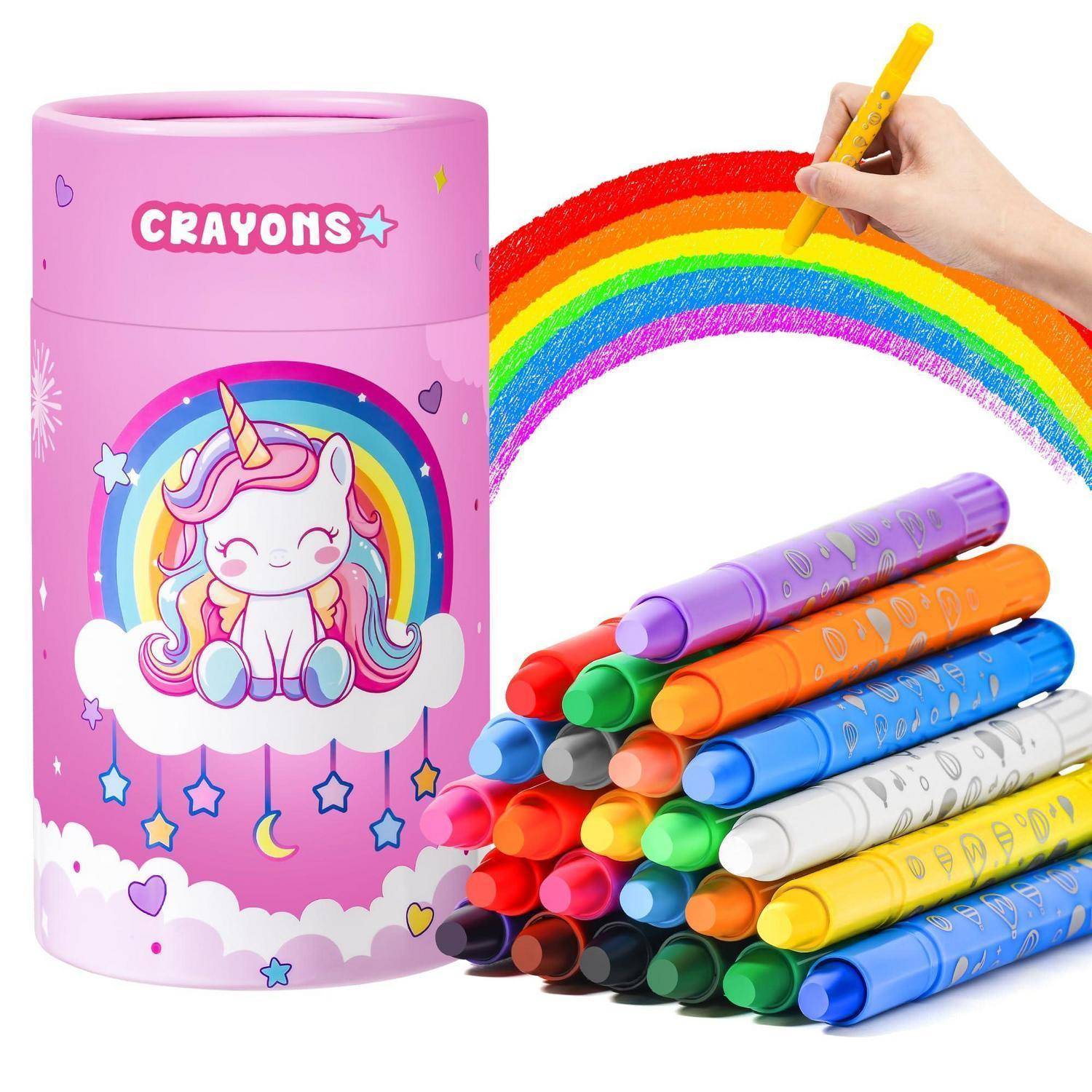 Bunte Buntstifte in einer rosa Einhorn-Blechdose mit der Aufschrift „CRAYONS