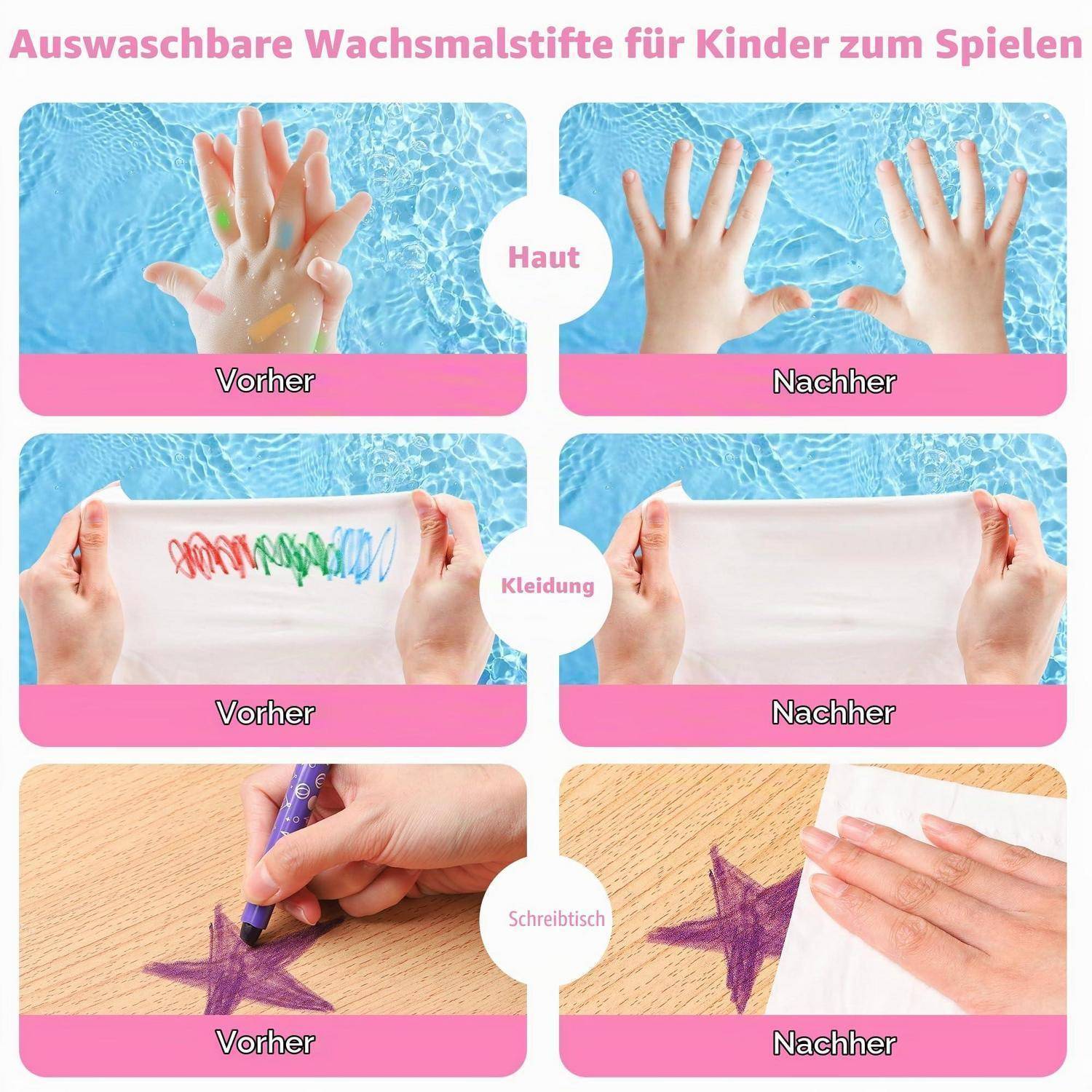 Deutsches Werbeangebot für abwaschbare Kindermarker: Vorher-und-Nachher-Beispiele auf Haut, Kleidung und einem Schreibtisch, die zeigen, dass sie leicht abwischbar sind.