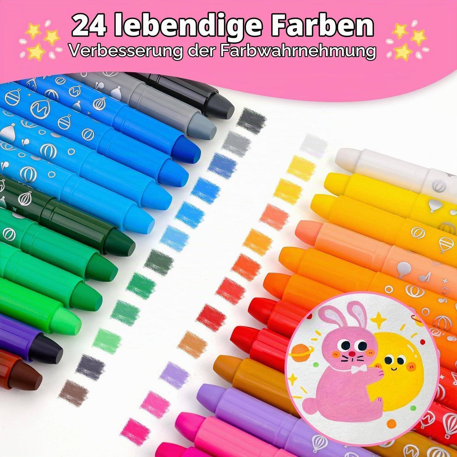 Farbige Marker in einem Regenbogen angeordnet mit Testmusterfeldern; deutscher Text lautet „24 lebendige Farben