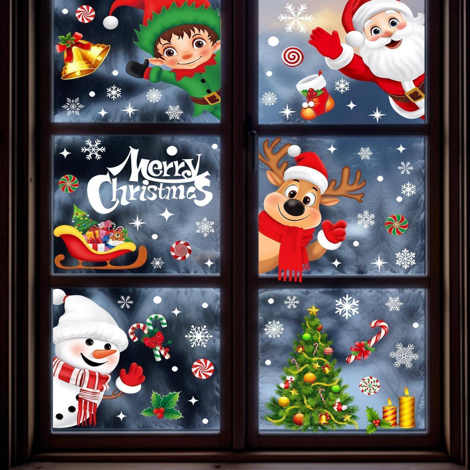 Sechs Weihnachtsfensterscheiben mit dem Weihnachtsmann, einem Elfen, einem Rentier, einem Schneemann und einem Baum; eine Scheibe zeigt „Frohe Weihnachten