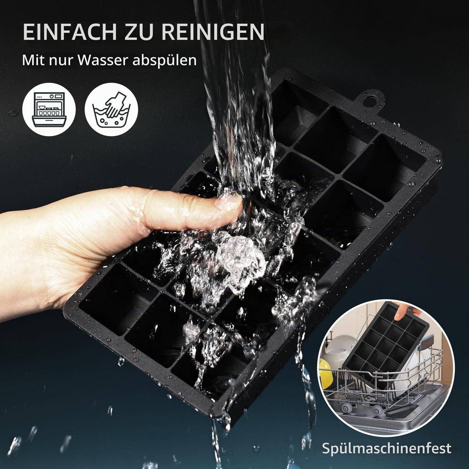 Schwarze Spülbürste wird unter fließendem Wasser gespült, mit deutschem Text, der besagt, dass sie leicht zu reinigen und spülmaschinenfest ist.