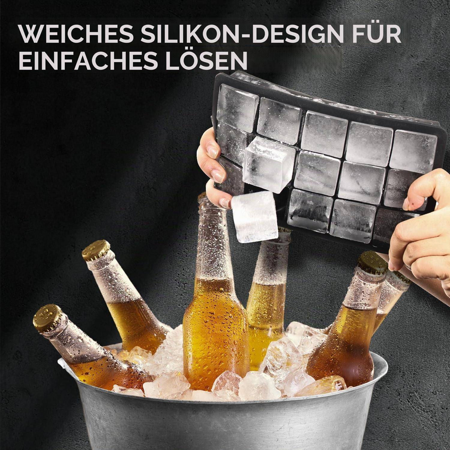 Hände verwenden ein flexibles Silikon-Eiswürfelbrett, um Würfel in einen Metalleimer mit Eisflaschen Bier freizusetzen; Text sagt „Weiches Silikon-Design für einfaches Lösen".