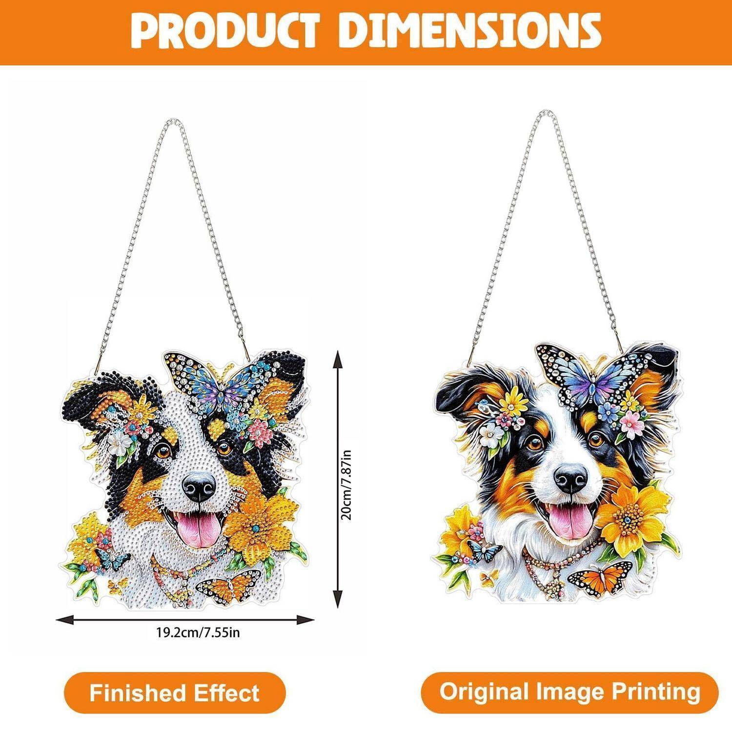 Produktdimensionen-Grafik, die eine fertige Wanddekoration mit Hund und Schmetterling mit dem ursprünglichen gedruckten Bild vergleicht, beide 20 cm hoch und 19,2 cm breit.