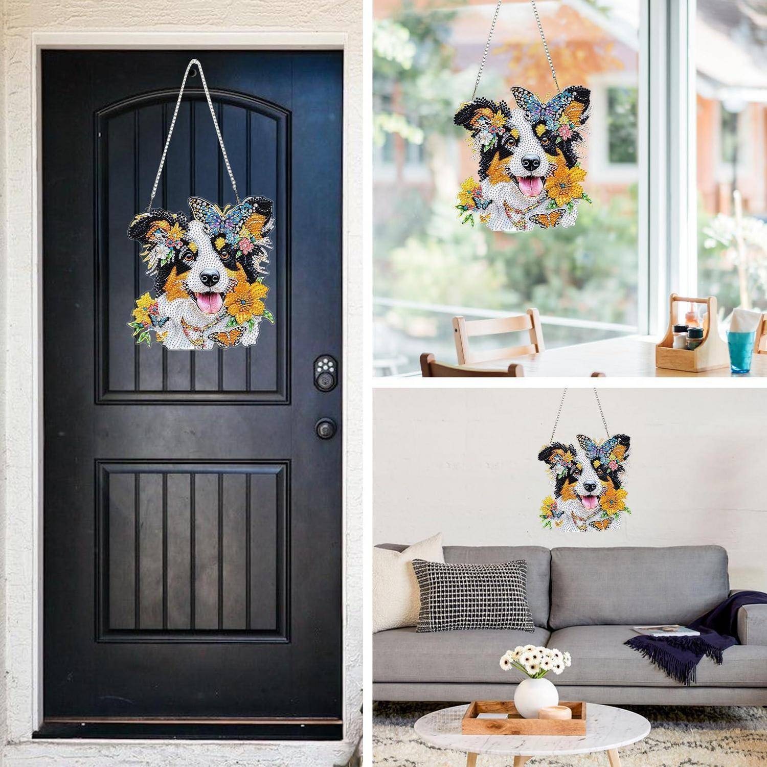 Collage eines Hundekopf-Blumenkranzes, der an einer Haustür, einem Fenster und einer Wohnzimmerwand hängt, zeigt dekorative Verwendung in verschiedenen Räumen.