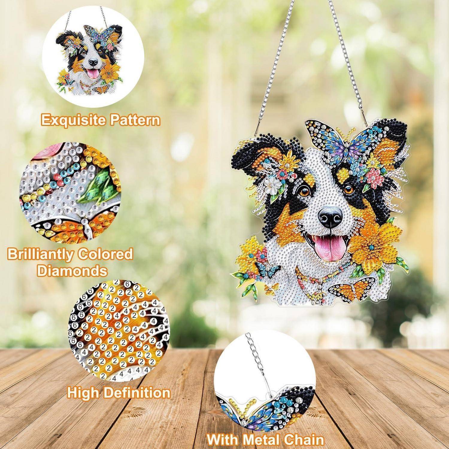 Diamantmalerei Hundeköpfe Wandbehang an einer Metallkette, gezeigt mit Nahaufnahmen, die das farbenfrohe Muster, funkelnde Details und hochauflösendes Design hervorheben.