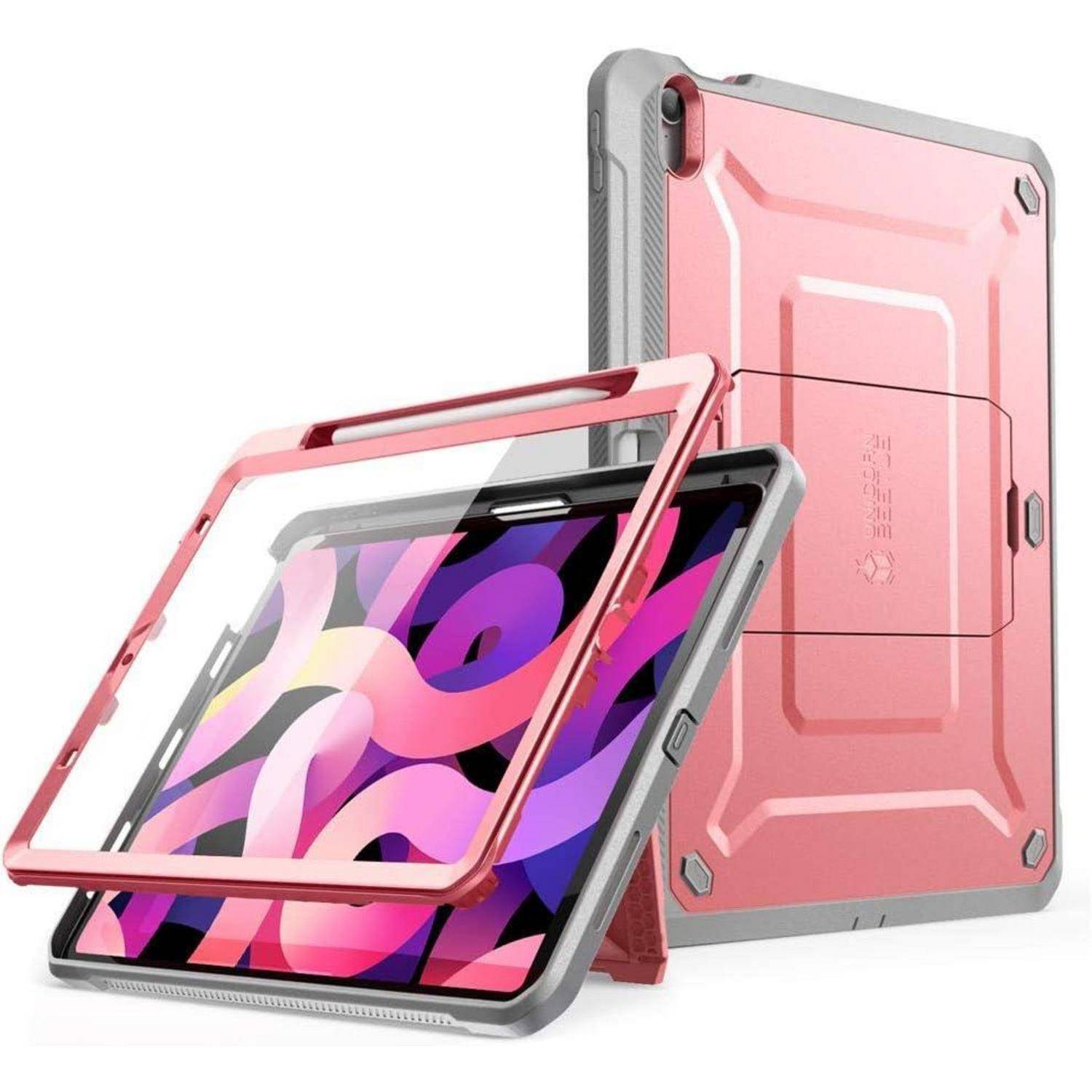 Rosa und grau strapazierfähige Tablet-Schutzhülle mit integriertem Ständer, geöffnet dargestellt mit einem Tablet, das einen farbenfrohen abstrakten Bildschirm anzeigt.