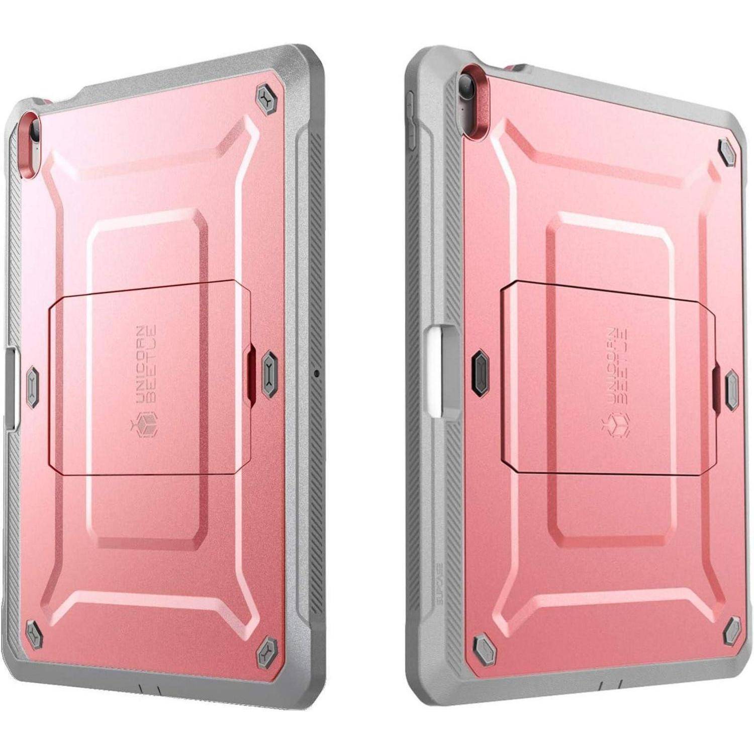 Zwei Ansichten einer rosa robusten Smartphone-Schutzhülle mit grauen Kanten und verstärkten Ecken, die die Rückseite und Seite zeigen.