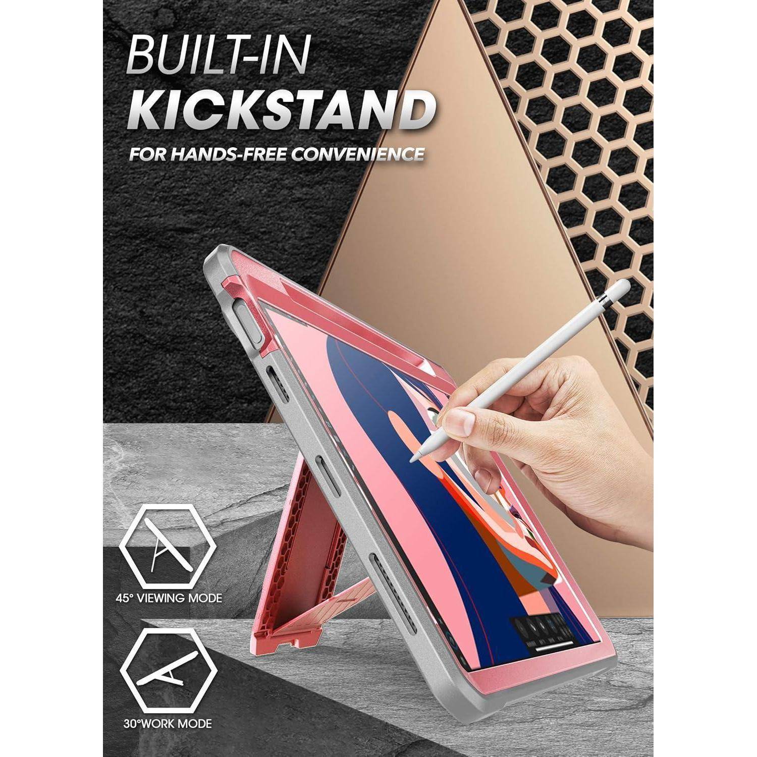 Tabletgehäuse mit integriertem Ständer, gezeigt im 45°-Betrachtungsmodus und 30°-Arbeitsmodus, während eine Hand einen Stylus auf dem Bildschirm benutzt.