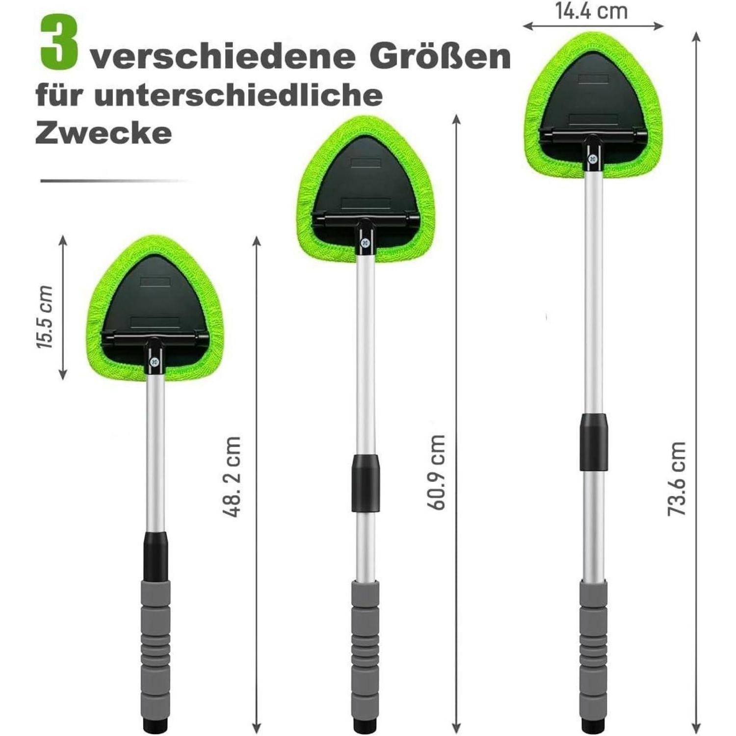 Infografik mit drei Besenstößen für verschiedene Einsatzzwecke, mit Abmessungen von 15,5 cm, 48,2 cm, 60,9 cm und 73,6 cm sowie einer Kopfbreite von 14,4 cm.