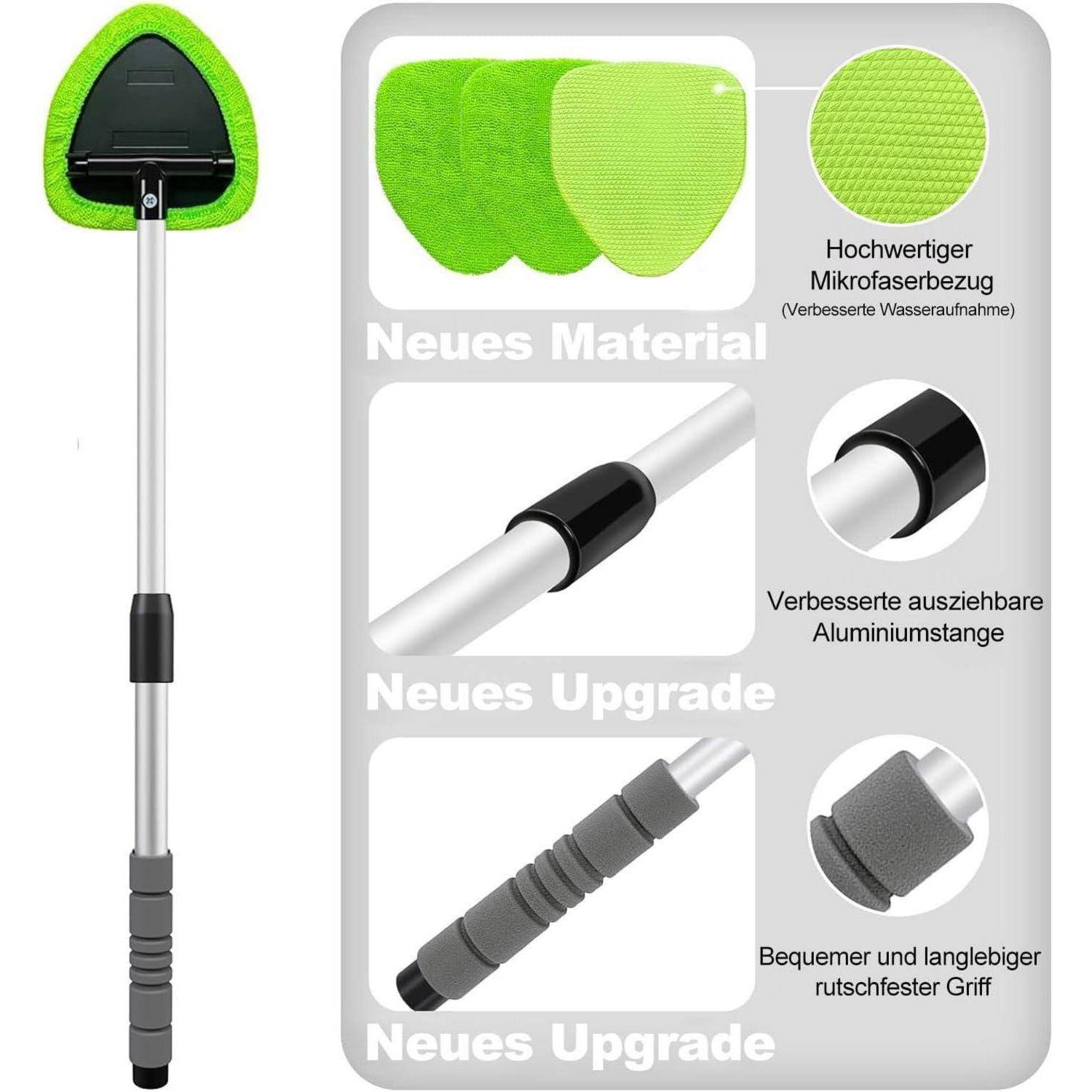 Produktbild eines grünen Mikrofaser-Wischopfers mit verstellbarem Aluminium-Griff, mit Hervorhebung des neuen Materials, verbesserter Wasseraufnahme, verbessertem Teleskopstab und rutschfestem Griff.