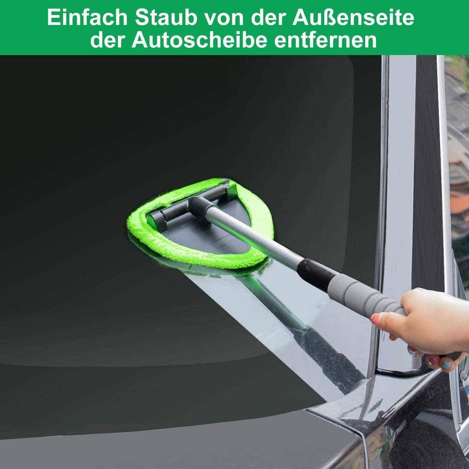 Hand benutzt einen grünen Mikrofaser-Fensterabzieher, um Staub von der Außenseite einer Autoscheibe zu entfernen; deutscher Text sagt „Entfernen Sie einfach Staub von der Außenseite des Autofensters".