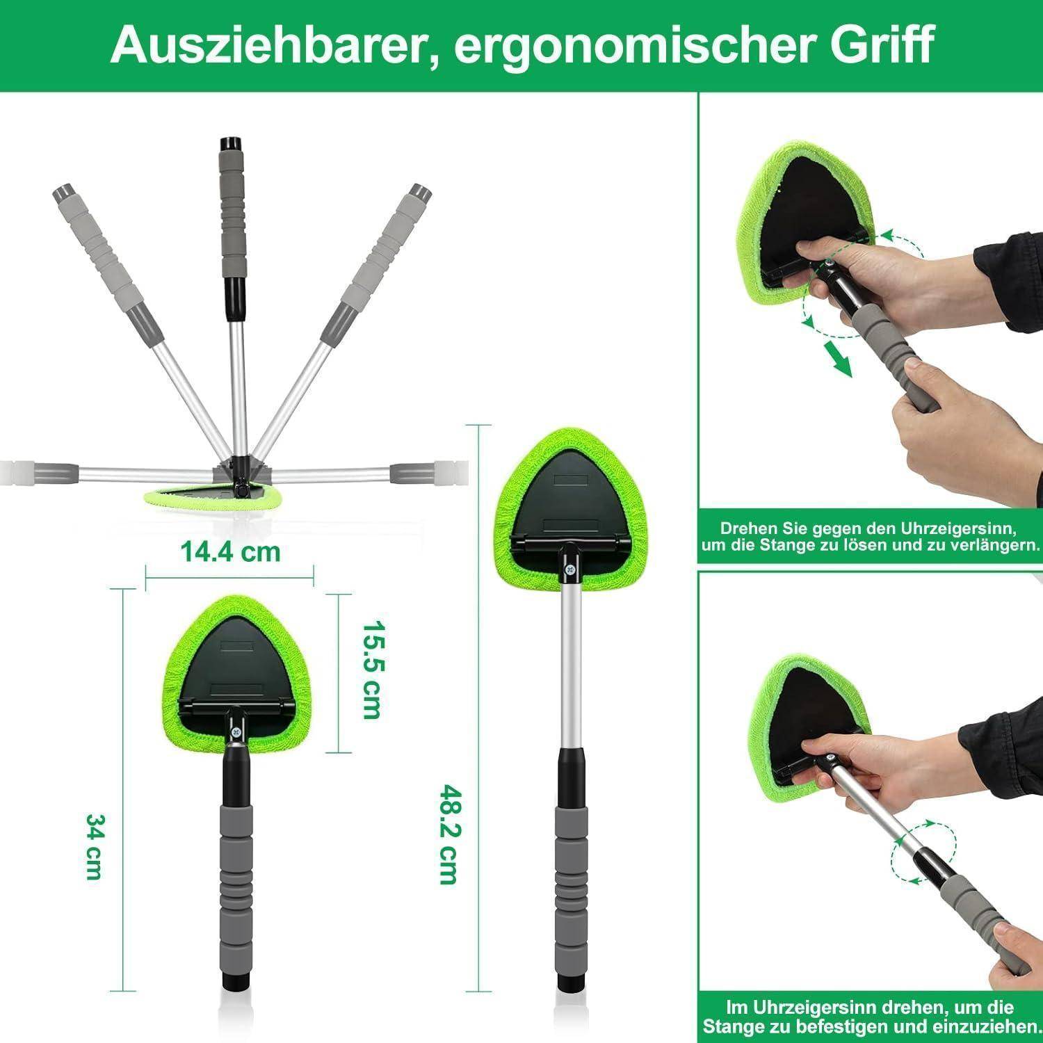 Infografik eines ausziehbaren ergonomischen Griffs mit dreieckigem grünem Griff, die Maße und zeigt, wie das Drehen im oder gegen den Uhrzeigersinn die Stange sperrt oder auszieht.