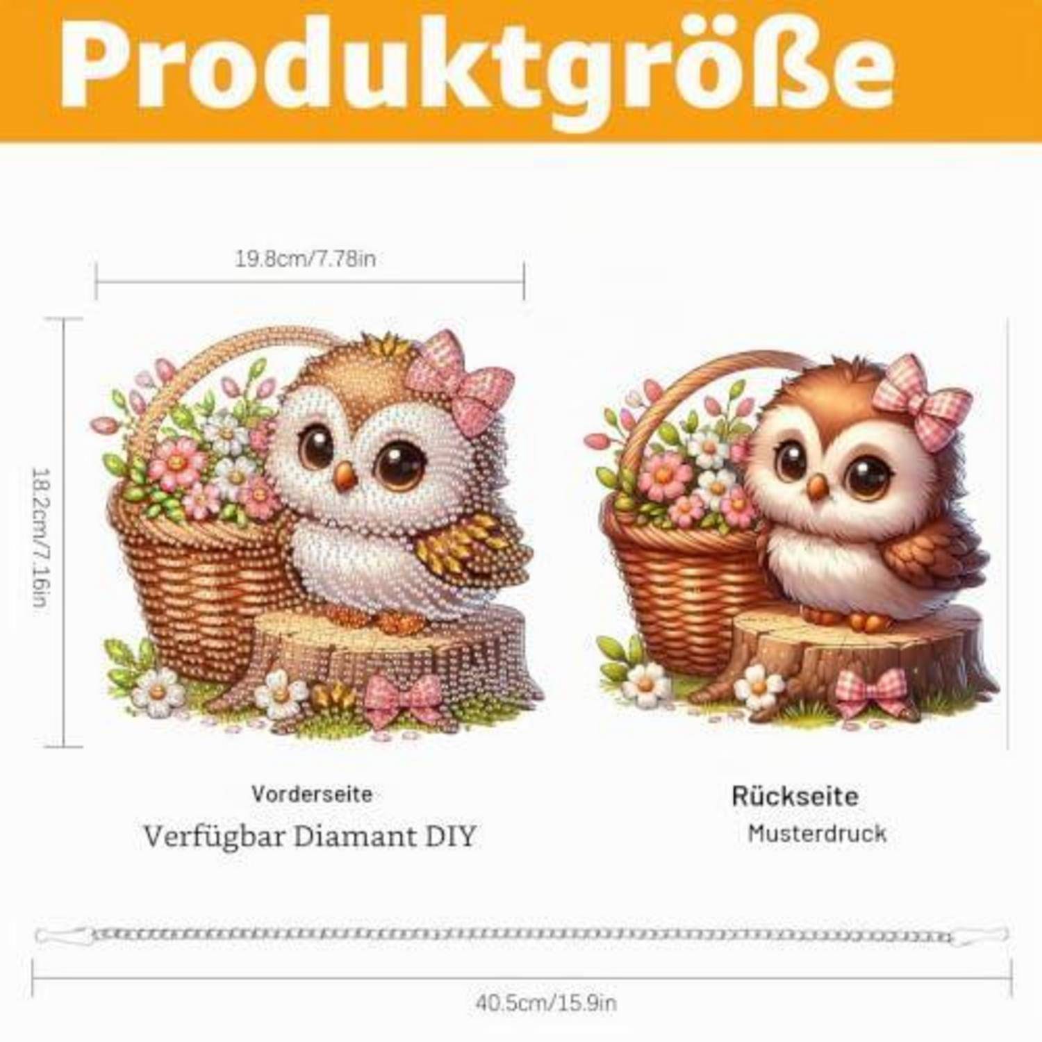 Produktgrößen-Diagramm mit einem Diamant-DIY-Eulenentwurf, Vorder- und Rückansichten, mit Abmessungen von 19,8 cm Breite, 18,2 cm Höhe und Kettenlänge von 40,5 cm.