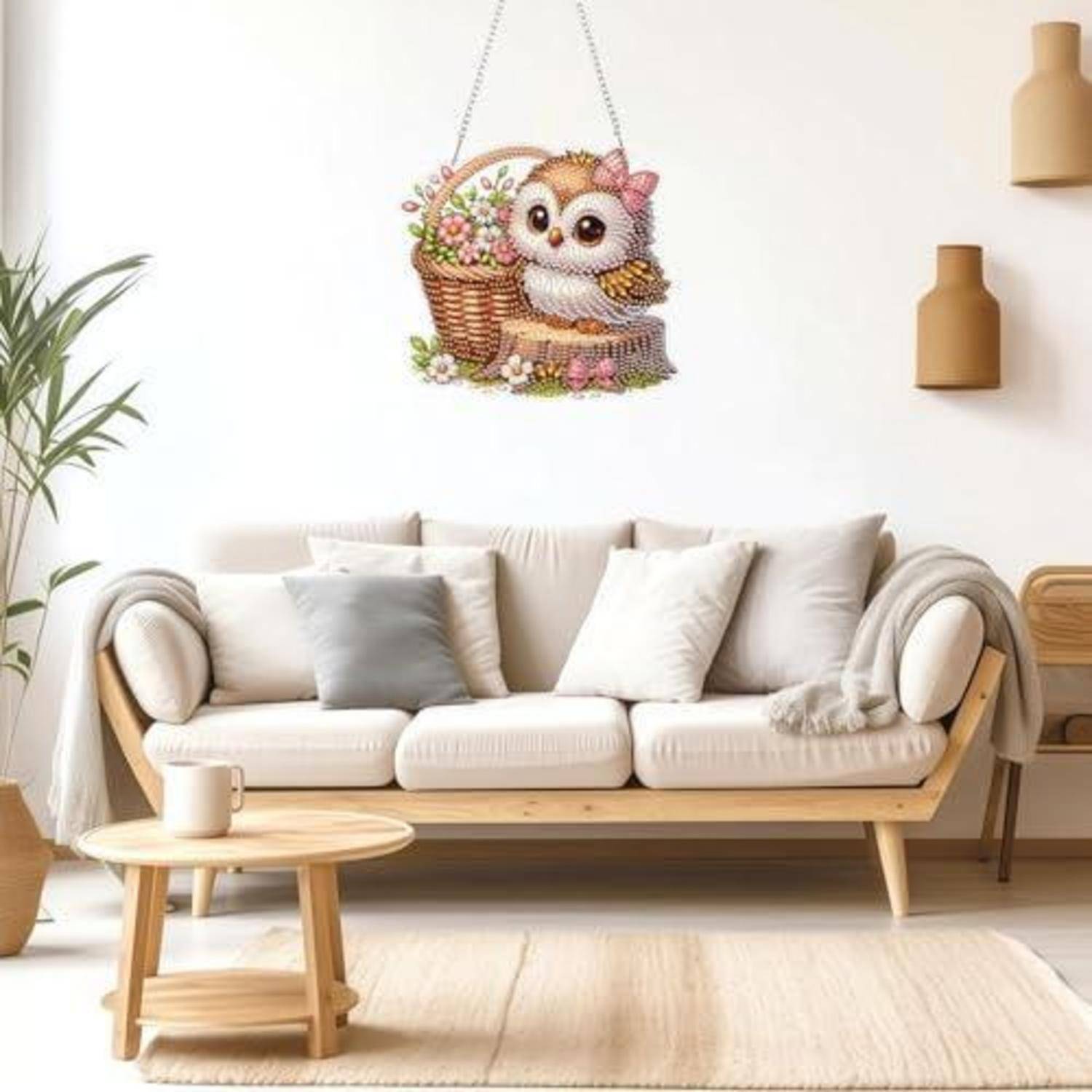 Ein gemütliches minimalistisches Wohnzimmer mit einem beigen Sofa und einem Couchtisch; darüber hängt eine dekorative Eule in einem Blumenkorb-Wandbild.