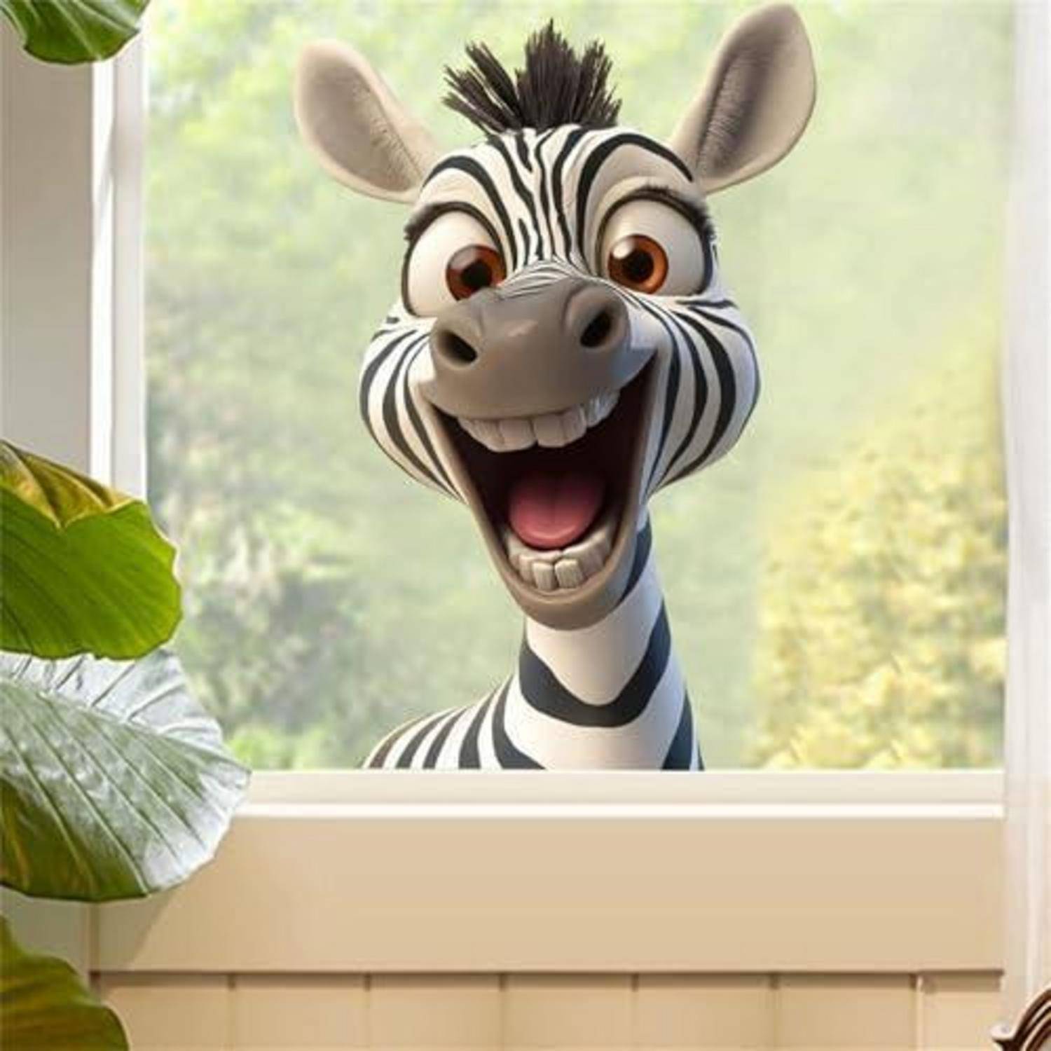 Lächelnder Cartoon-Zebra schaut durch ein Fenster, Mund weit offen vor Aufregung, mit einer blättrigen Pflanze im Vordergrund.