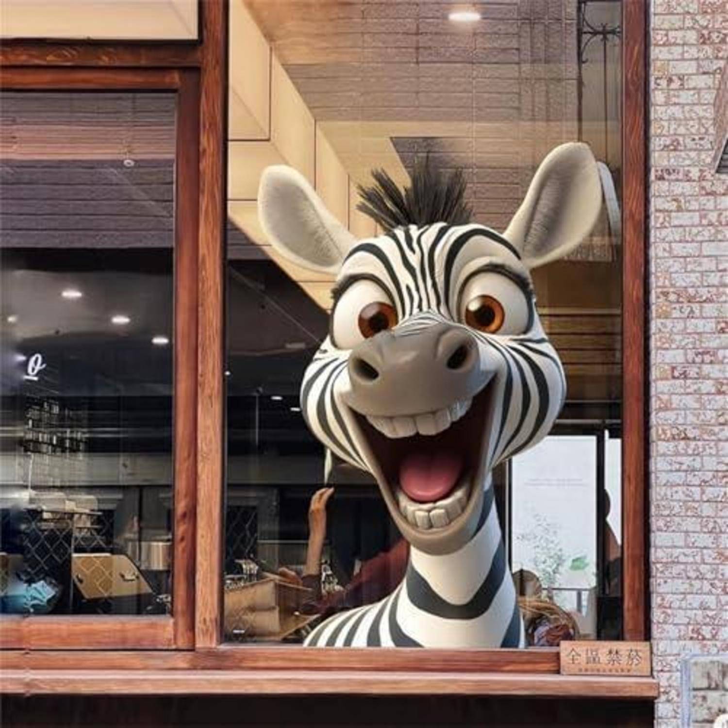 Eine große lächelnde Zebrastatue oder ein Maskottchenkopf schaut durch ein Schaufenster, mit offenem Mund, als würde er Besucher begrüßen.