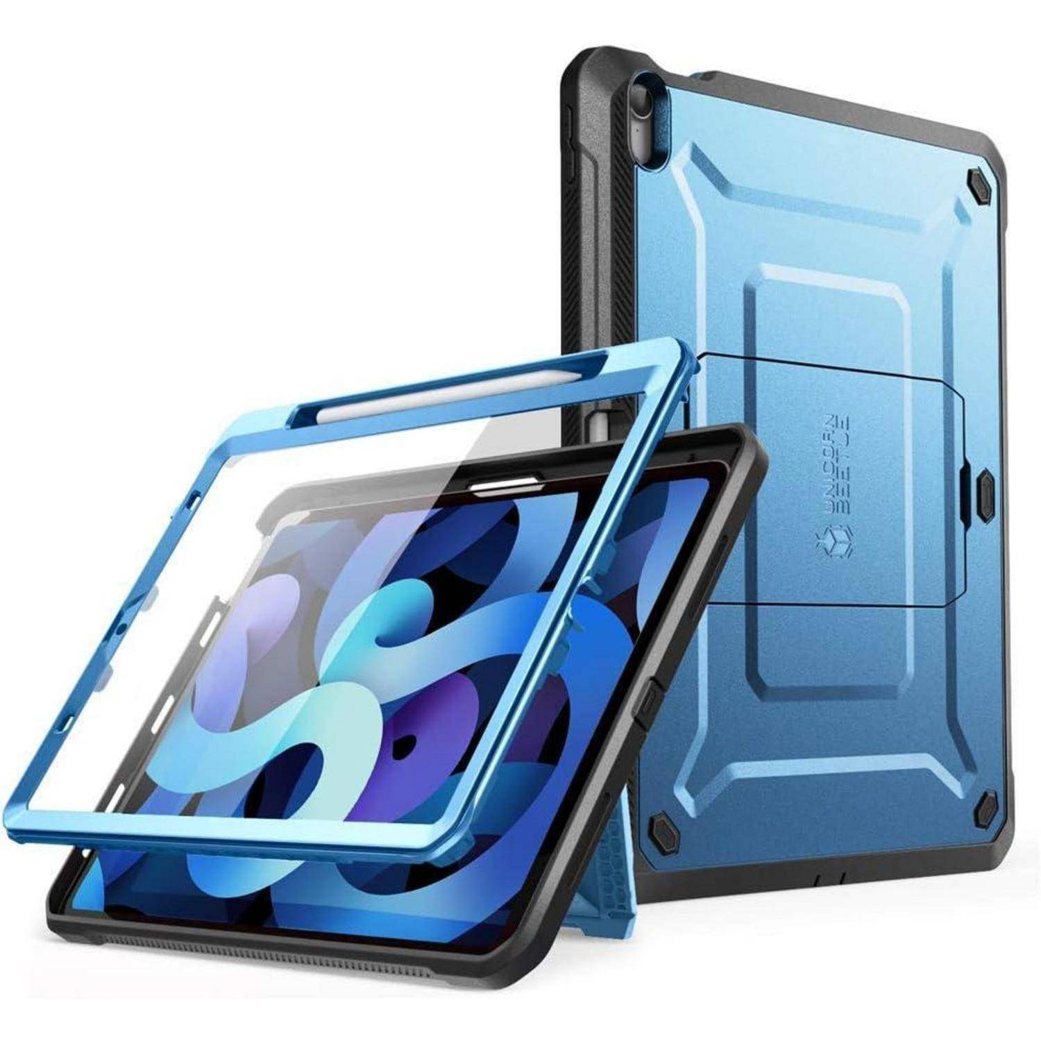 Zwei robuste Tablet-Schutzhüllen mit integrierten Displayschutzabdeckungen, gezeigt in Blau und Schwarz, je eine Vorderansicht und eine Rückansicht.