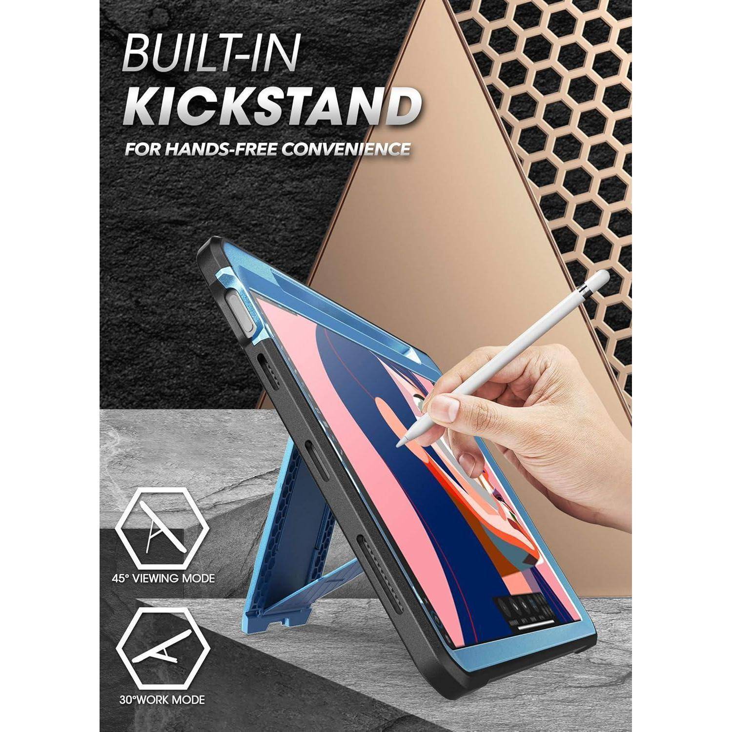 Tablet-Schutzhülle mit integriertem Ständer, gezeigt in 45°-Ansicht und 30°-Arbeitsmodus, während eine Hand einen Stift auf dem Bildschirm verwendet.