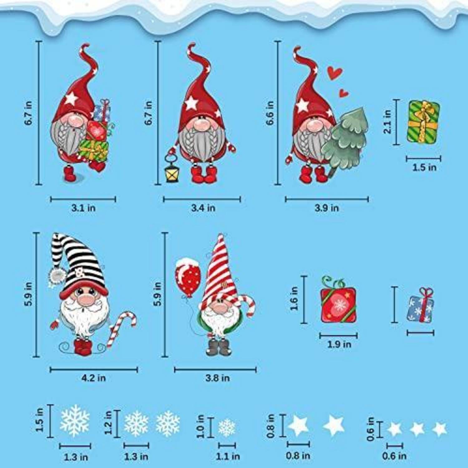Illustrierte Größentabelle von Weihnachtszwerg-Aufklebern und Symbolen mit mehreren Designs und Abmessungen in Zoll für jeden Artikel.