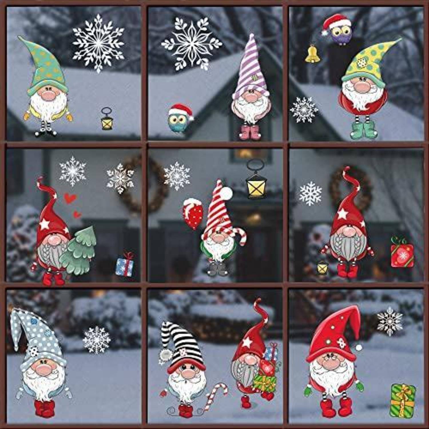 Neun festliche Weihnachtszwerge-Fensteraufkleber in einem 3x3-Gitter, jeweils mit Schneeflocken und Weihnachtsakzenten wie Laternen, Geschenken, Herzen, Zuckerstangen und Weihnachtsmützen.