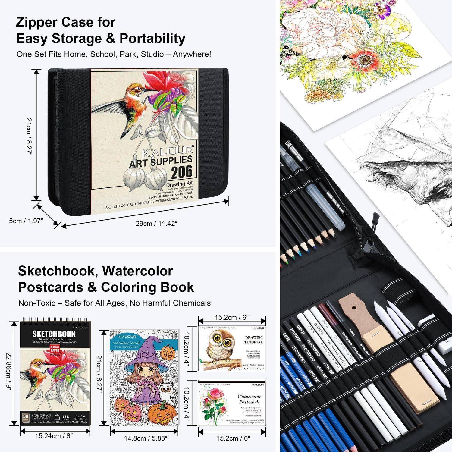 Kunstbedarfs-Reißverschlusstasche für einfache Lagerung und Mobilität, gezeigt mit einem 206-teiligen Zeichenset und Beispielen von Skizzenbuch-, Aquarell-, Postkarten- und Malbuch-Sets.